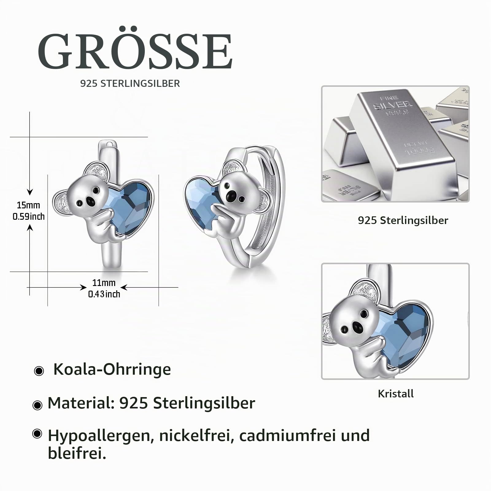 Koala Ohrringe 925 Sterling Silber Koala Huggie Creolen Hypoallergen Tier Kristall Ohrringe Koala Schmuck Geschenke für Frauen Mädchen