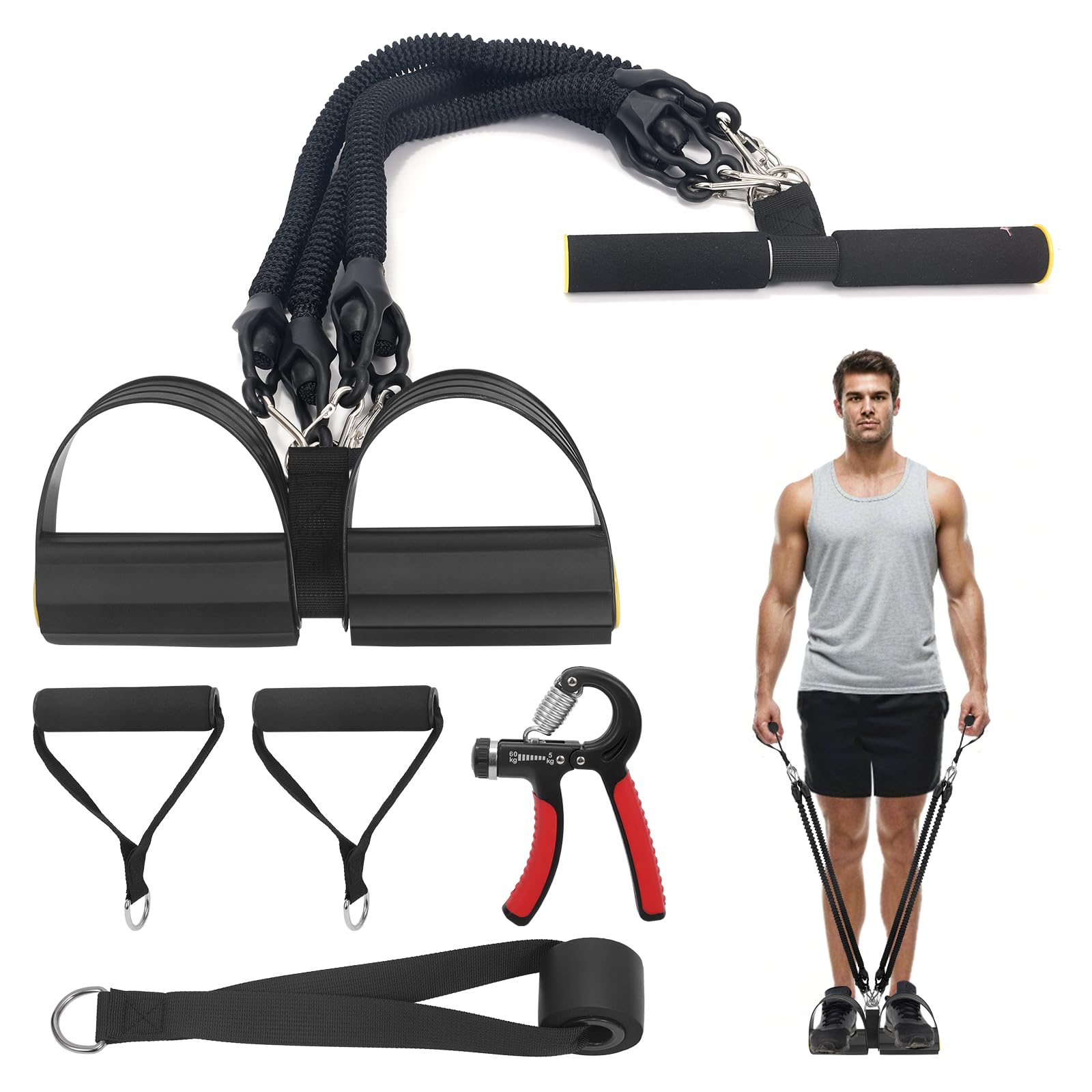 2025 Upgrade Foot Pedal Resistance Band, Adjustable 4-Tube Elastic Pull Rope Fitness Sit-up Exercise Equipment at Home Gym Arm Abs Workout Equipment