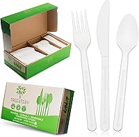 Vista 10 de Juego de cubiertos compostables, utensilios compostables a base de plantas, cubiertos compostables aptos para lavavajillas, cubiertos desechables