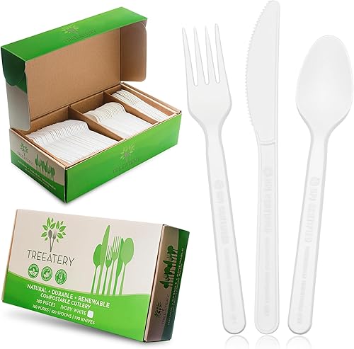 Treeatery Juego de cubiertos compostables  Paquete de 380 unidades 180 tenedores, 100 cucharas, 100 cuchillos  Planta un árbol con cada caja