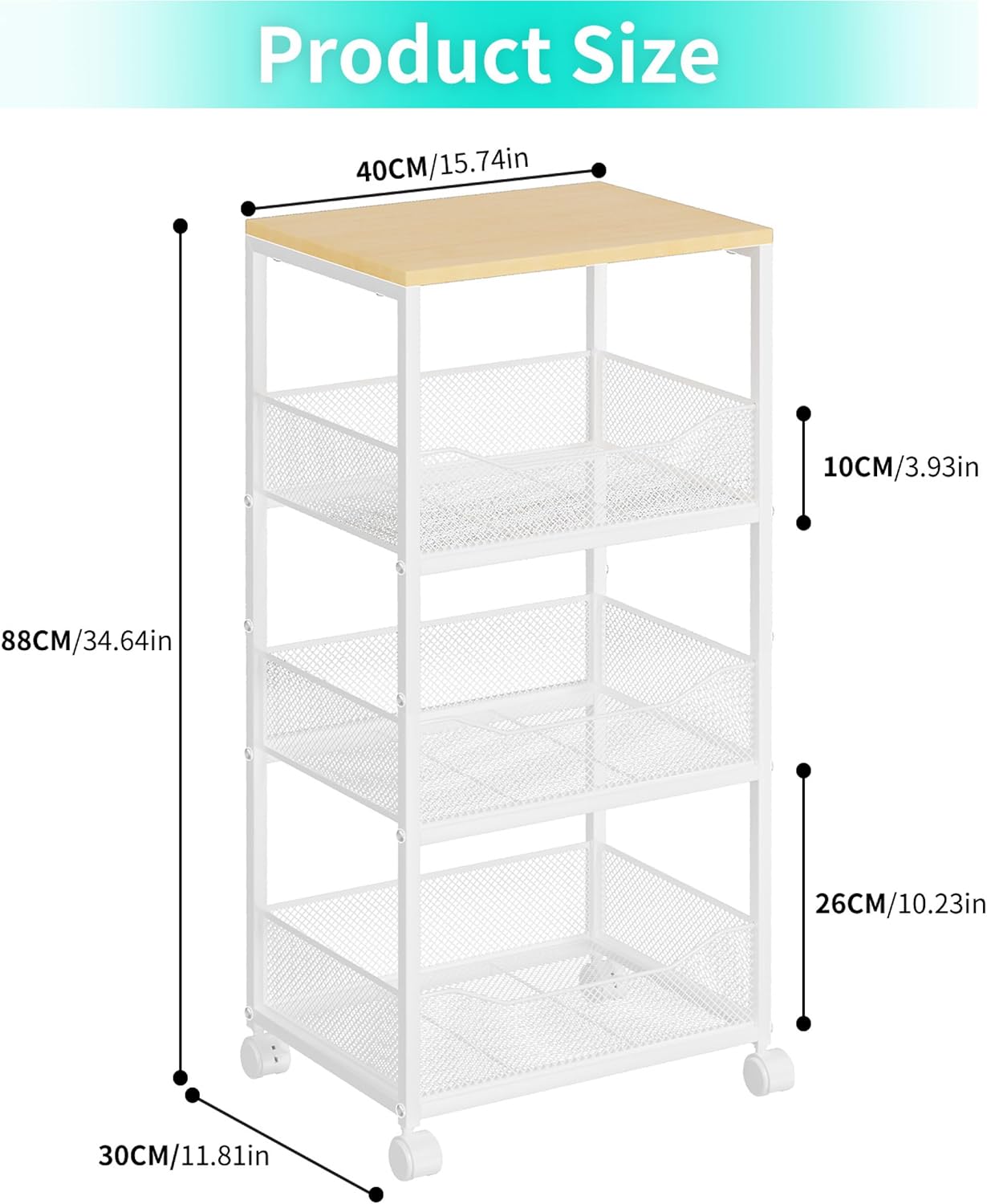 HapiRm Fruit Basket Kitchen Cart - 4-Tier Rolling Storage Cart with Wheels, Wood Top Utility Pantry Cart for Vegetables, Potatoes, Onions, Bread, Snacks - Image 6