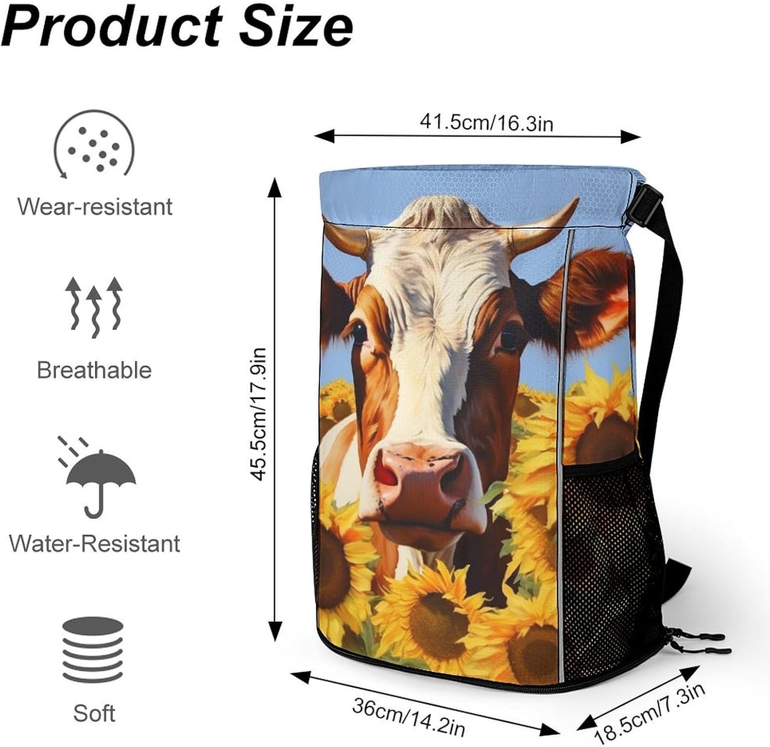 Small Gym Bag Painting Sunflower Cow Printed Drawstring Gym Bag for Men Lightweight Waterproof Drawstring Backpack for Women with Shoe Compartment for Travel Tourism Work And Fitness