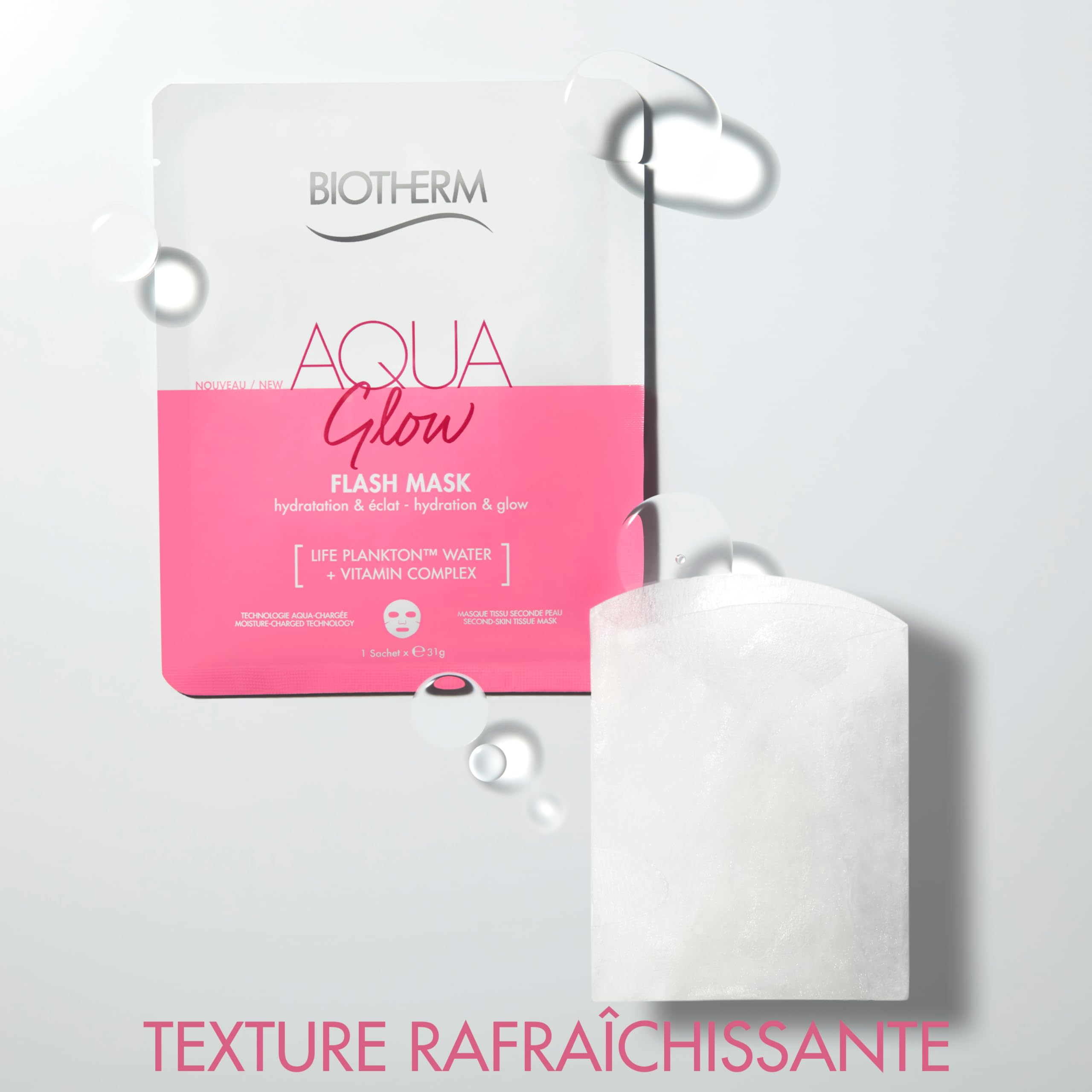 BIOTHERM - Aqua Glow Flash Mask - Masque Tissu Visage Hydratant - Effet Bonne Mine - Vitamines - Tous Types de Peaux