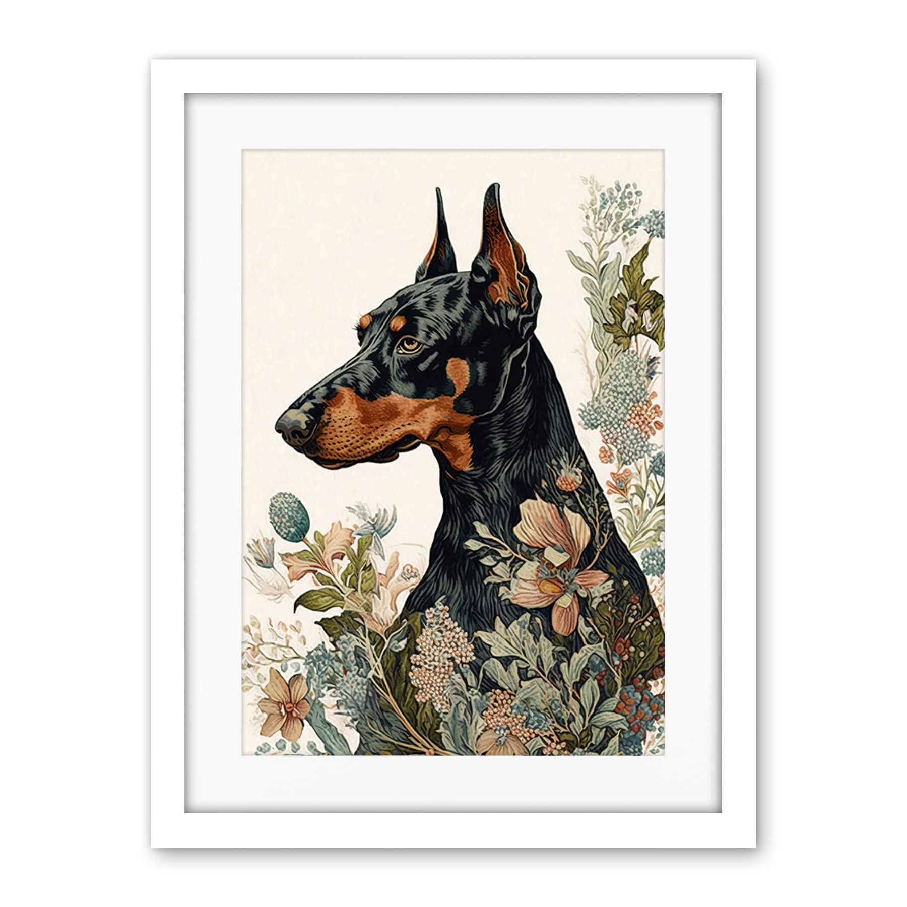 Artery8 Doberman Dog with Wild Flowers Boho Watercolour Illustration Artwork Framed Wall Art Print 18X24 Inch