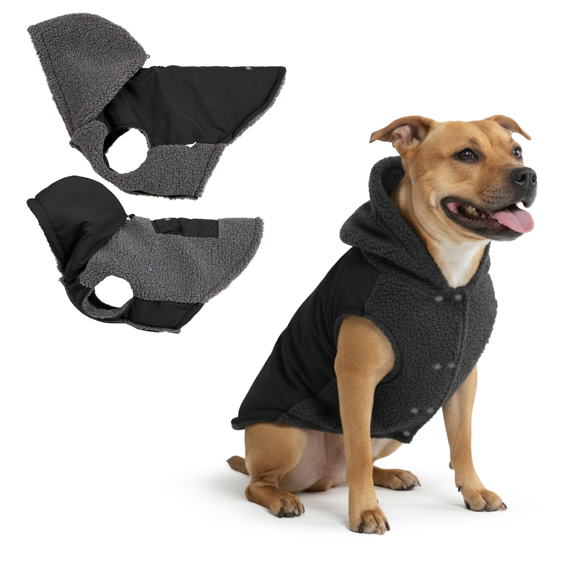 Spark Paws Reversible Fleece Dog Jacket, Hooded Sweater Vest, Warm Coat for Winter - Suitable for Small Medium Large XL XXL Dogs - Black and Grey -
