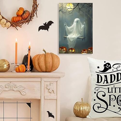 Miniatura 4 de Decoración de Halloween con diseño de fantasma en el columpio, lindo rostro de fantasma, arte espeluznante, regalo de Halloween, decoración para