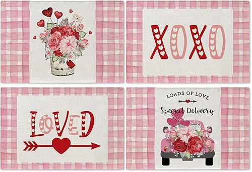 GPGHE Juego de 4 manteles individuales para el día de San Valentín, diseño a cuadros de búfalo XOXO con diseño de camión y rosas, bodas,