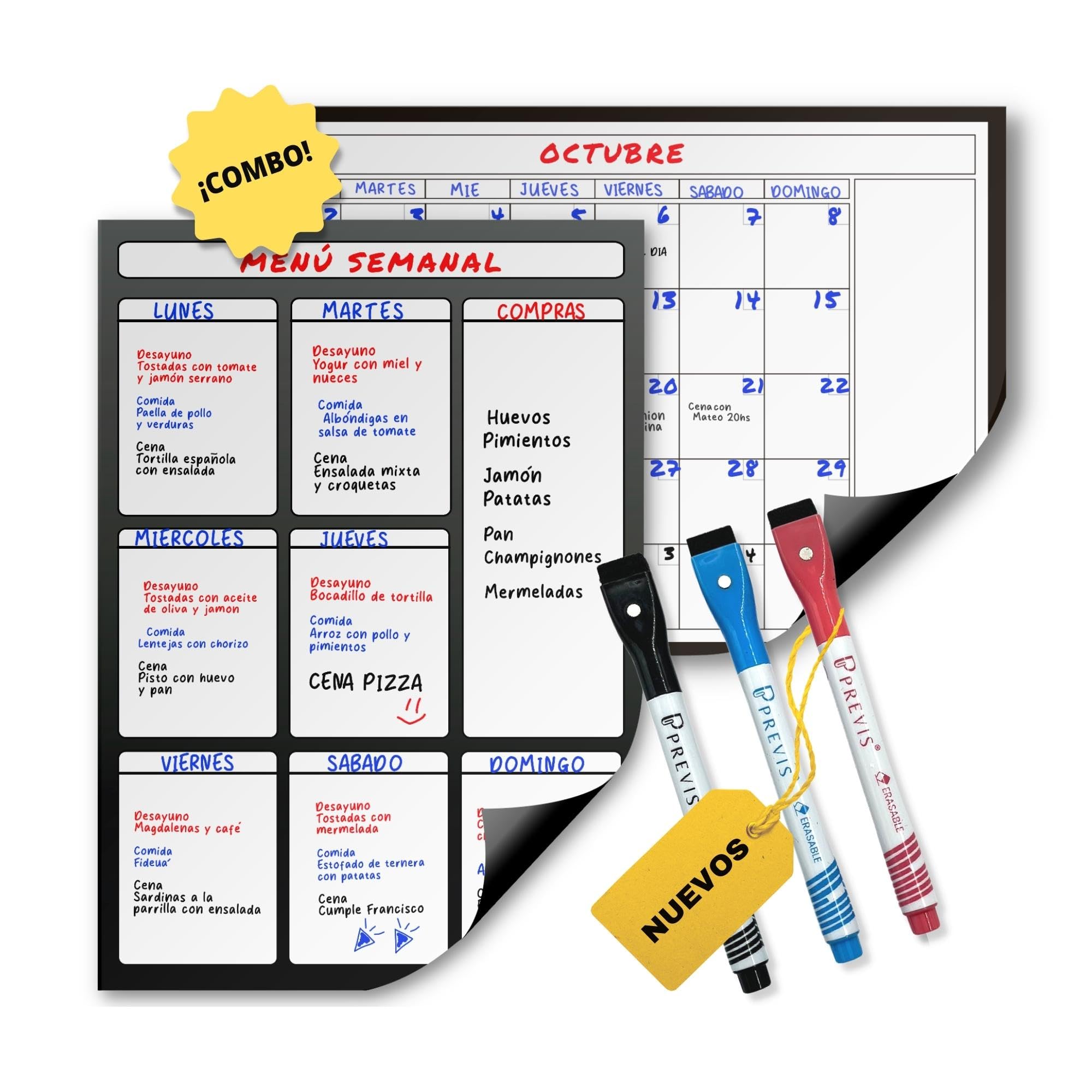 Previs Combo A4 Calendario Magnético Mensual + Planificador Semanal Magnético para Nevera y Escritorio - Organizador con Imán - Planificador Jornada, Menú, Compra, Rutina, Estudios, Tareas, Trabajo.
