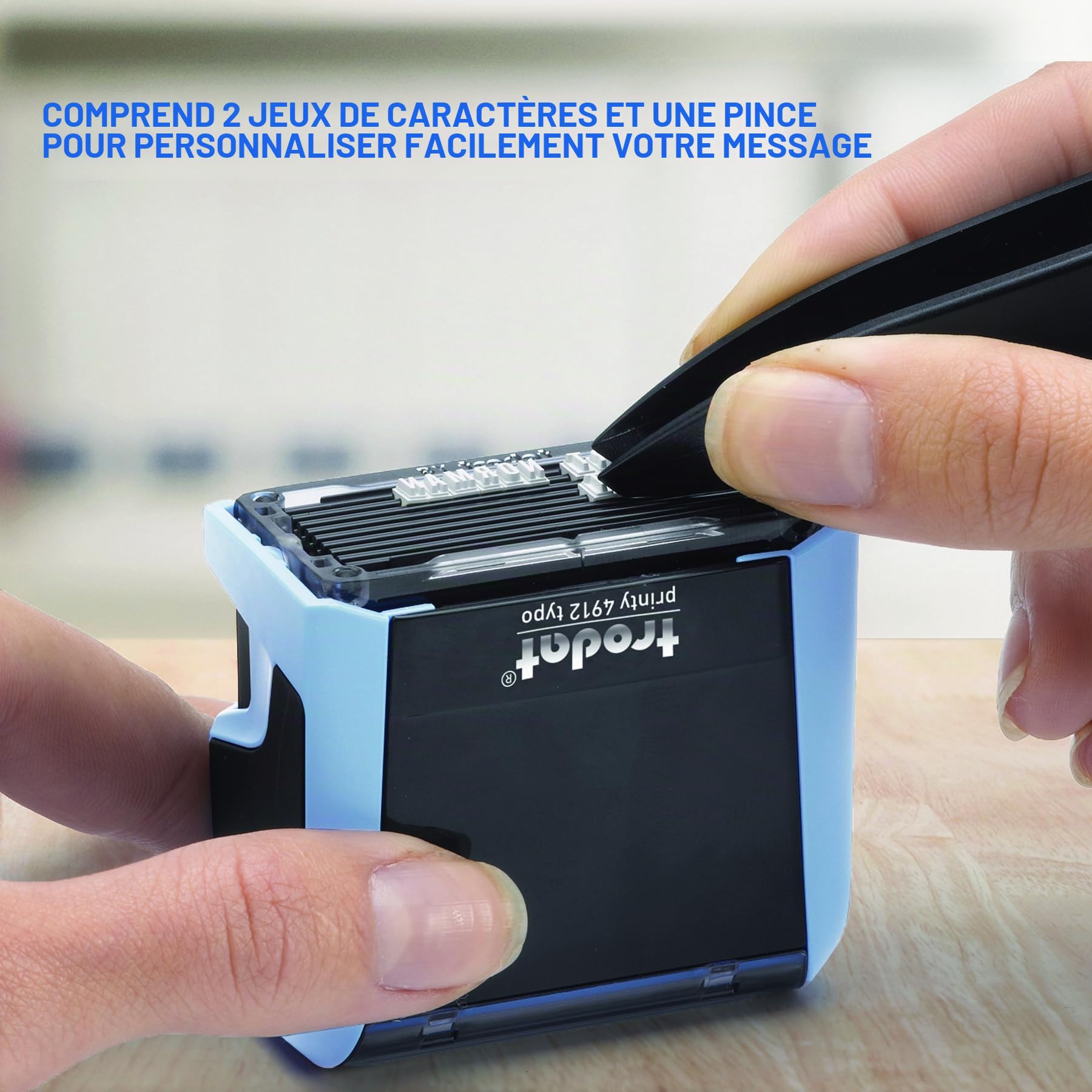 Trodat Printy Typomatic 4912T - Tampon Encreur Professionnel Automatique 4 lignes - Empreinte 47 x 18 mm À Composer Soi-Même (Bleu Pastel)