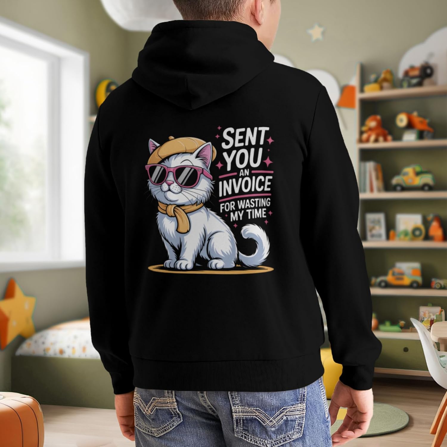 Kids Funny Cat Sent You An Invoice For Wasting My Time Boys Girls Lightweight Kangaroo Pocket Hoodies