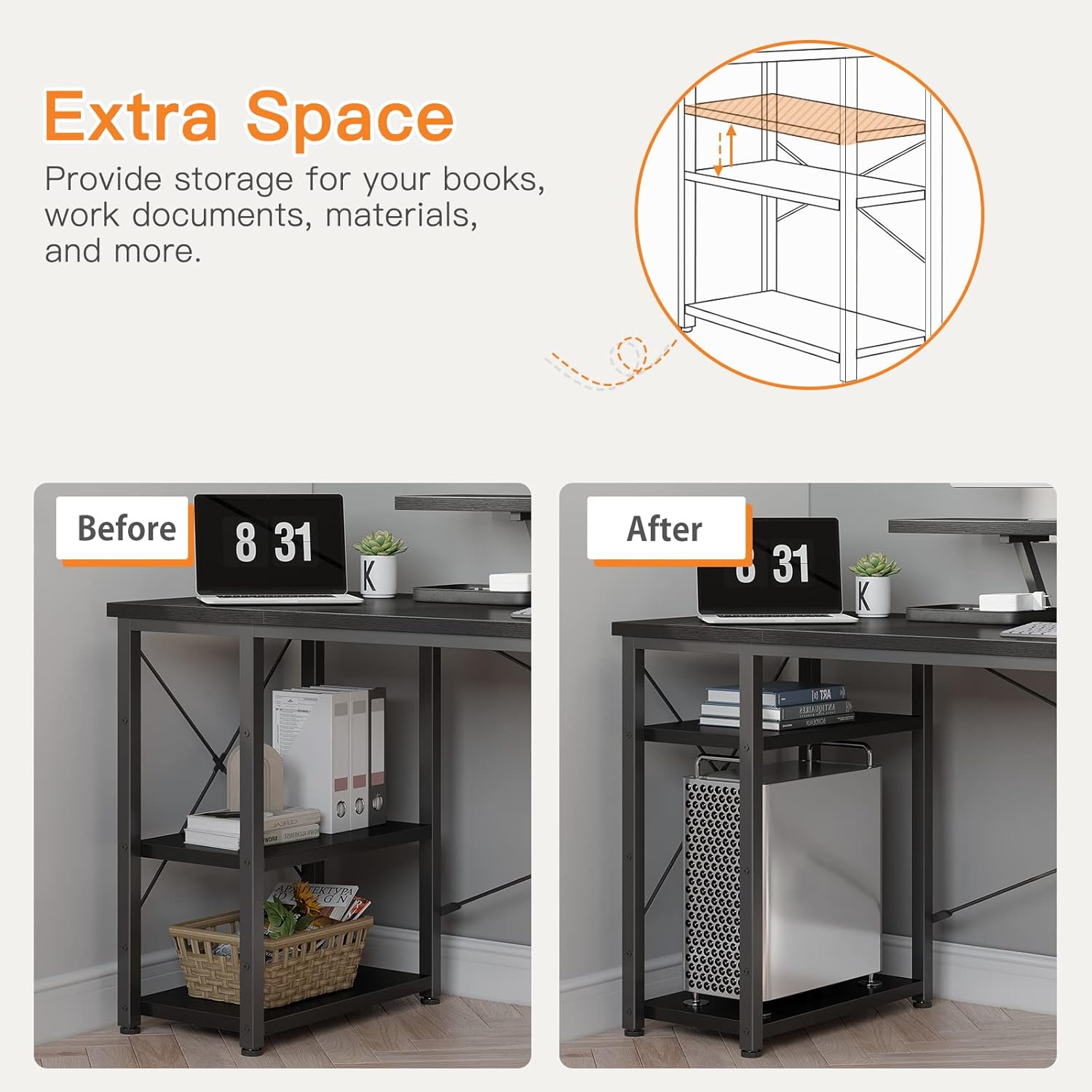 Diagram showing adjustable shelf for PC tower on ODK desk