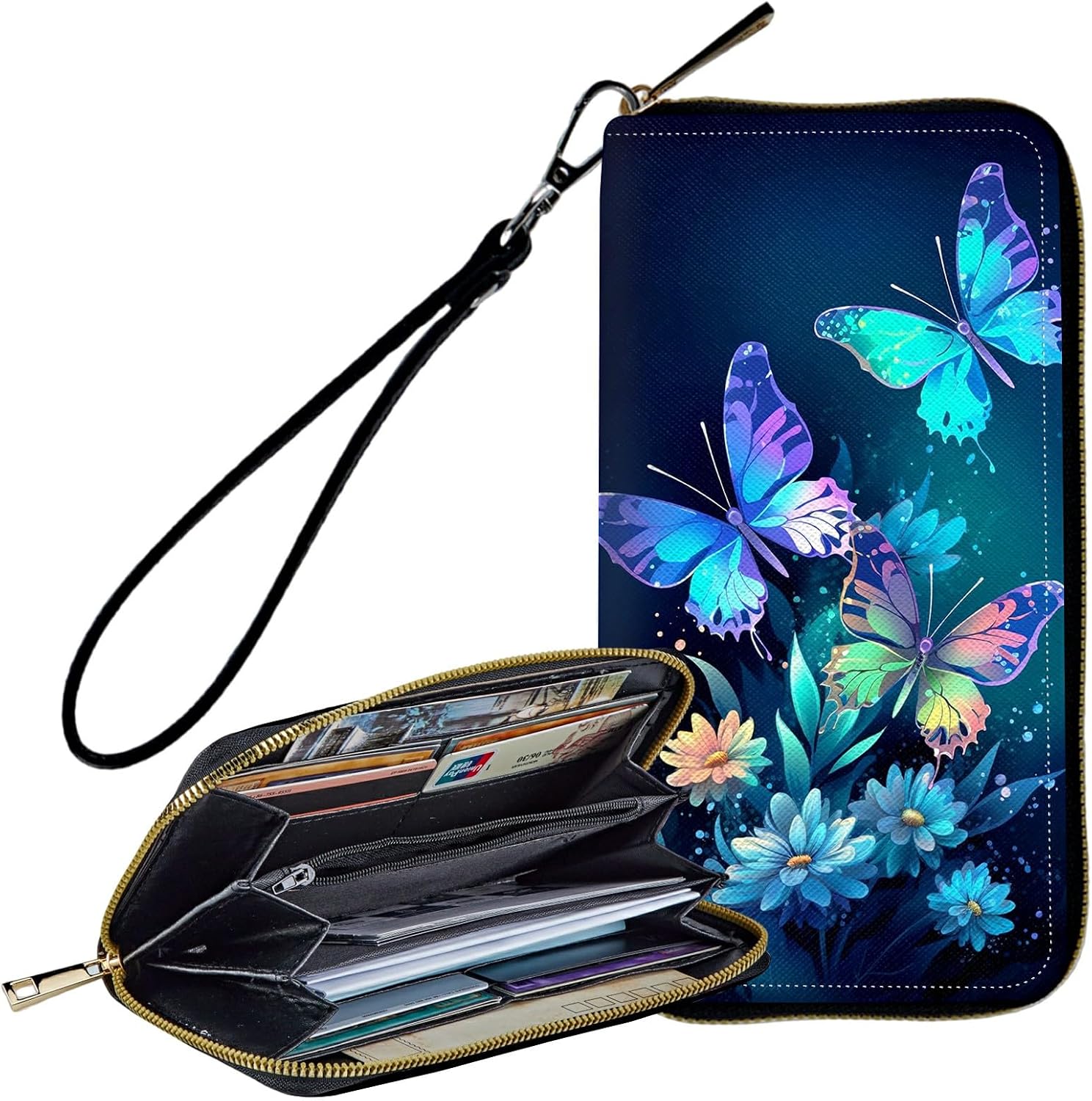 RFID Wallet for Women Large Capacity Clutch,Blue Butterflies Flowers