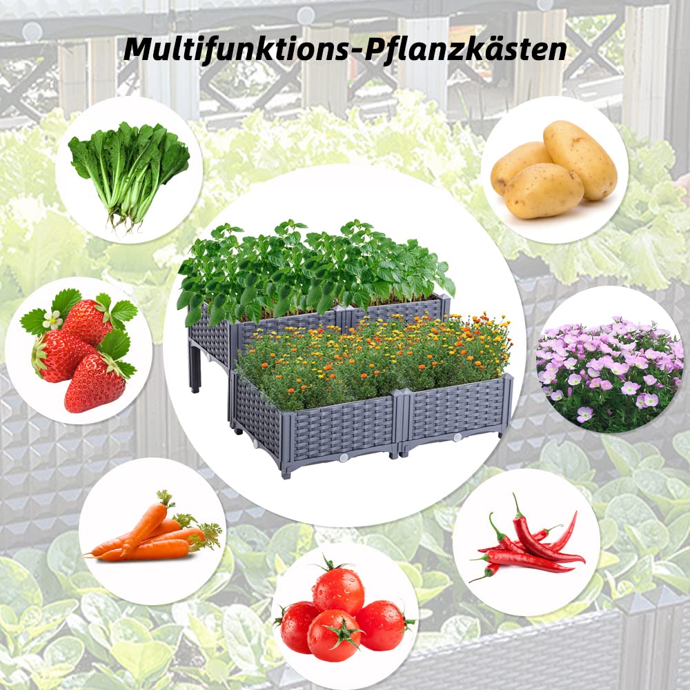 Mingone Pflanzkübel & Blumenkübel Outdoor – Wasserspeicher, Drainage – selbstbewässernd für Kletterpflanzen, ideal für Balkon, Terrasse & Garten (80×80×23-38cm, Rattan-Optik Graublau)