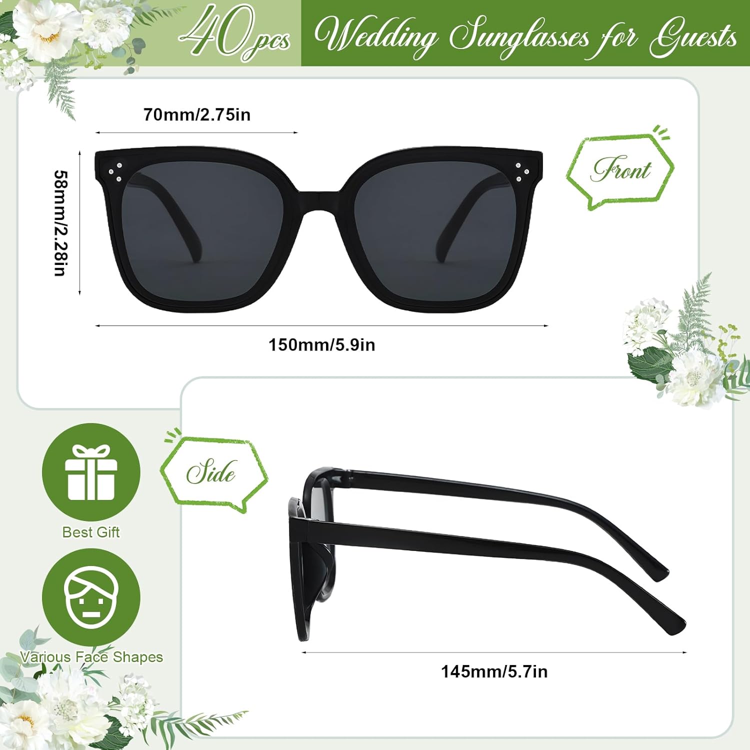 SUNOVELTIES 40 Sets Wedding Favors for Guests Bulk Party Sunglasses Black Reception Gifts Green Wooden Love Sign Mr Mrs Glasses