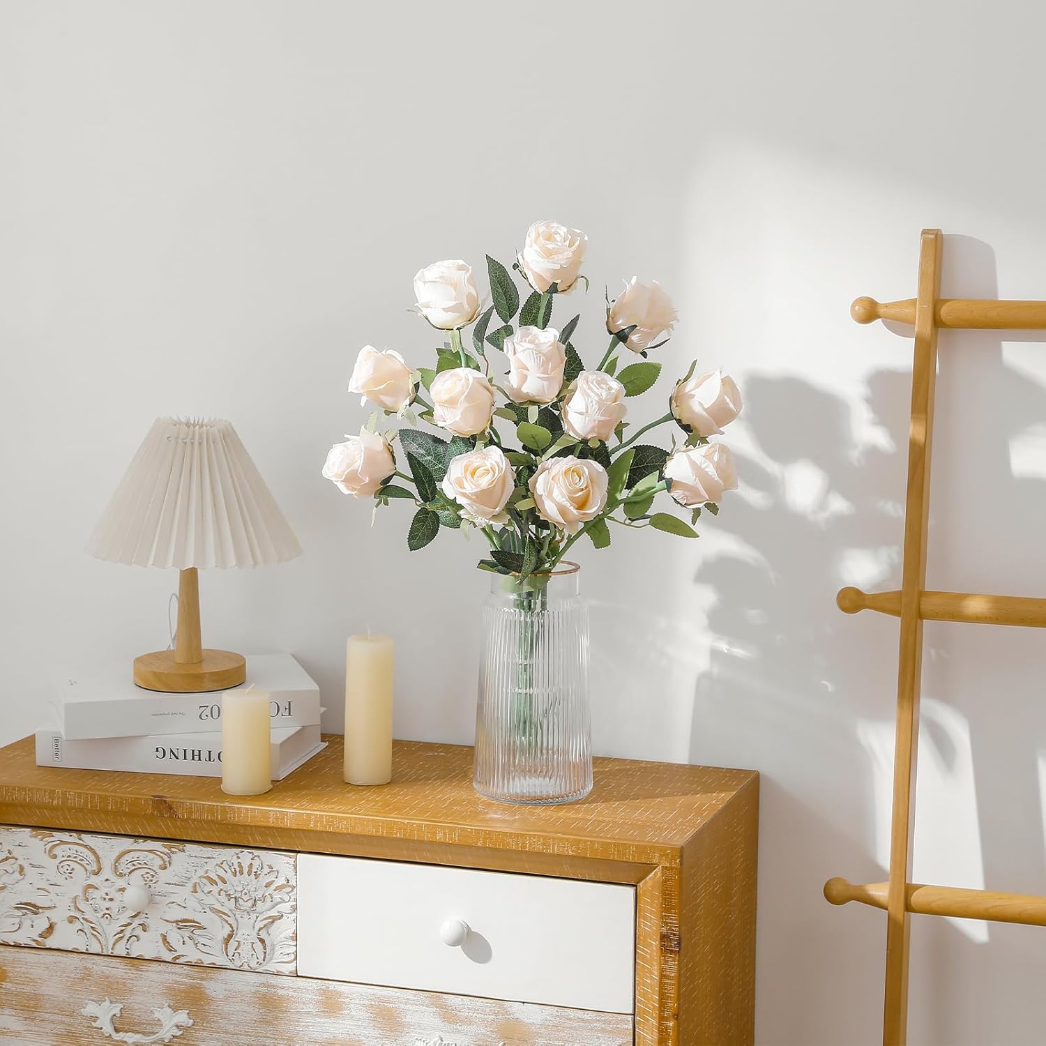 12pcs Cream White Roses Artificial Flowers – Realistic Silk Velvet Fake Flowers with Long Stems for Valentines Day Wedding Bouquets Home Decor Party Centrepieces & DIY Floral Arrangements