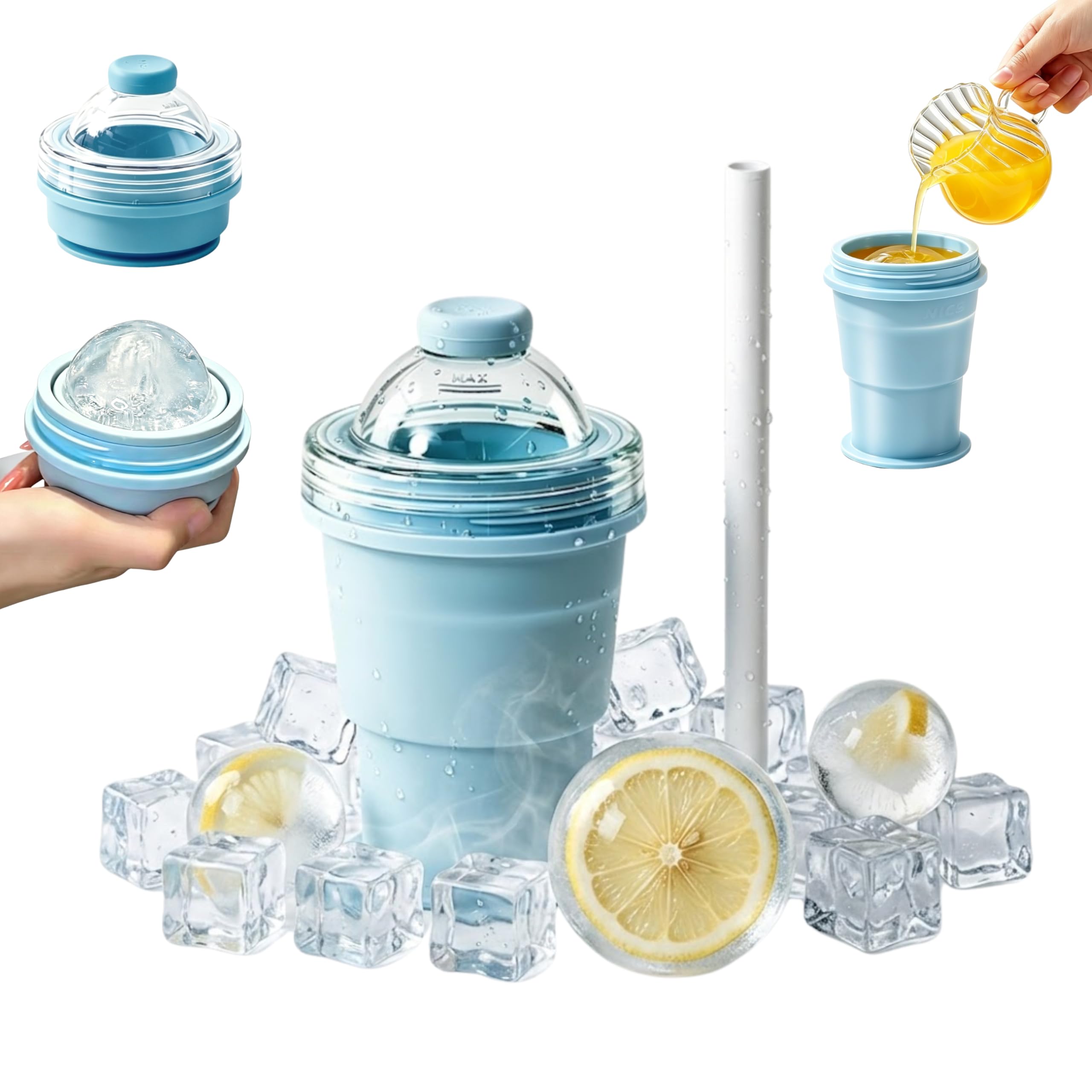 2-in-1 Silicone Foldable Ice Ball Maker Cup, BPA Free Portable Ice Hockey Cup with Silicone Straw, Easy Demolding, Leak-Proof Travel Drinking Cup for Picnic, Camping, Office