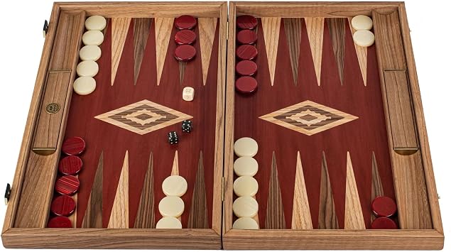 Luxury Manopoulos Walnut and Red Oak Backgammon Set, Mother Of Pearl Checkers - Premium Set Handmade in Greece by Experts