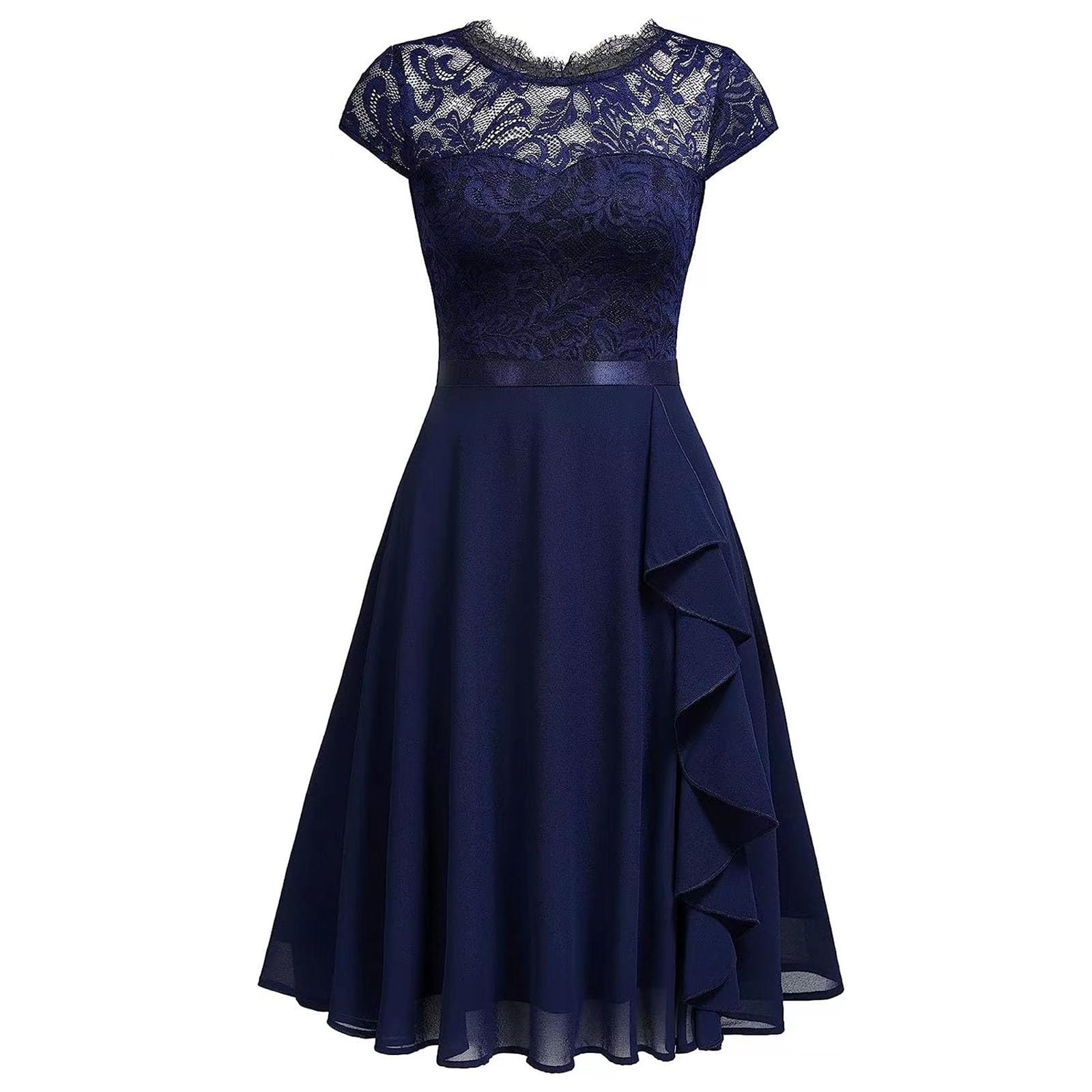 Kleid Hochzeitsgast Damen,Festliche Damen Elegant Kurzarm Abendkleider Spitze Rüschen Cocktailkleid Für Hochzeit Abschlusskleid Chiffonkleid