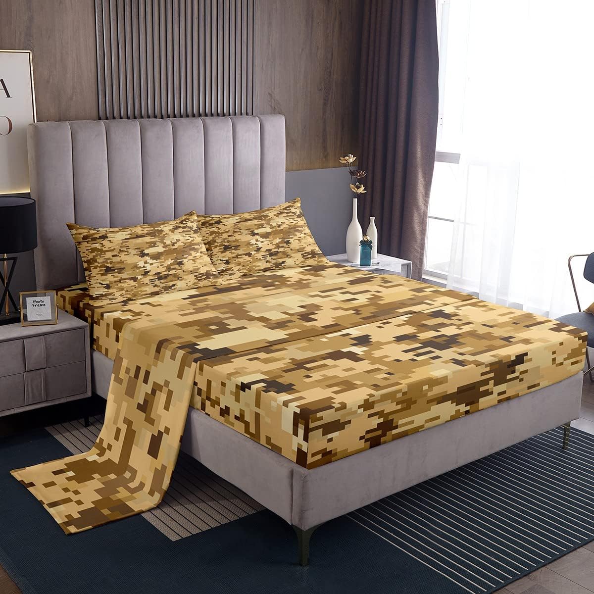 Brown Yellow Camo Sheet Set King Size,Abstract Geometric Camouflage Bedding Set 4pcs Desert Camo Bed Sheet for Kids Teens Boys Men Bedroom Decor Outdoor Sports Fitted + Flat Sheet,2 Pillowcases