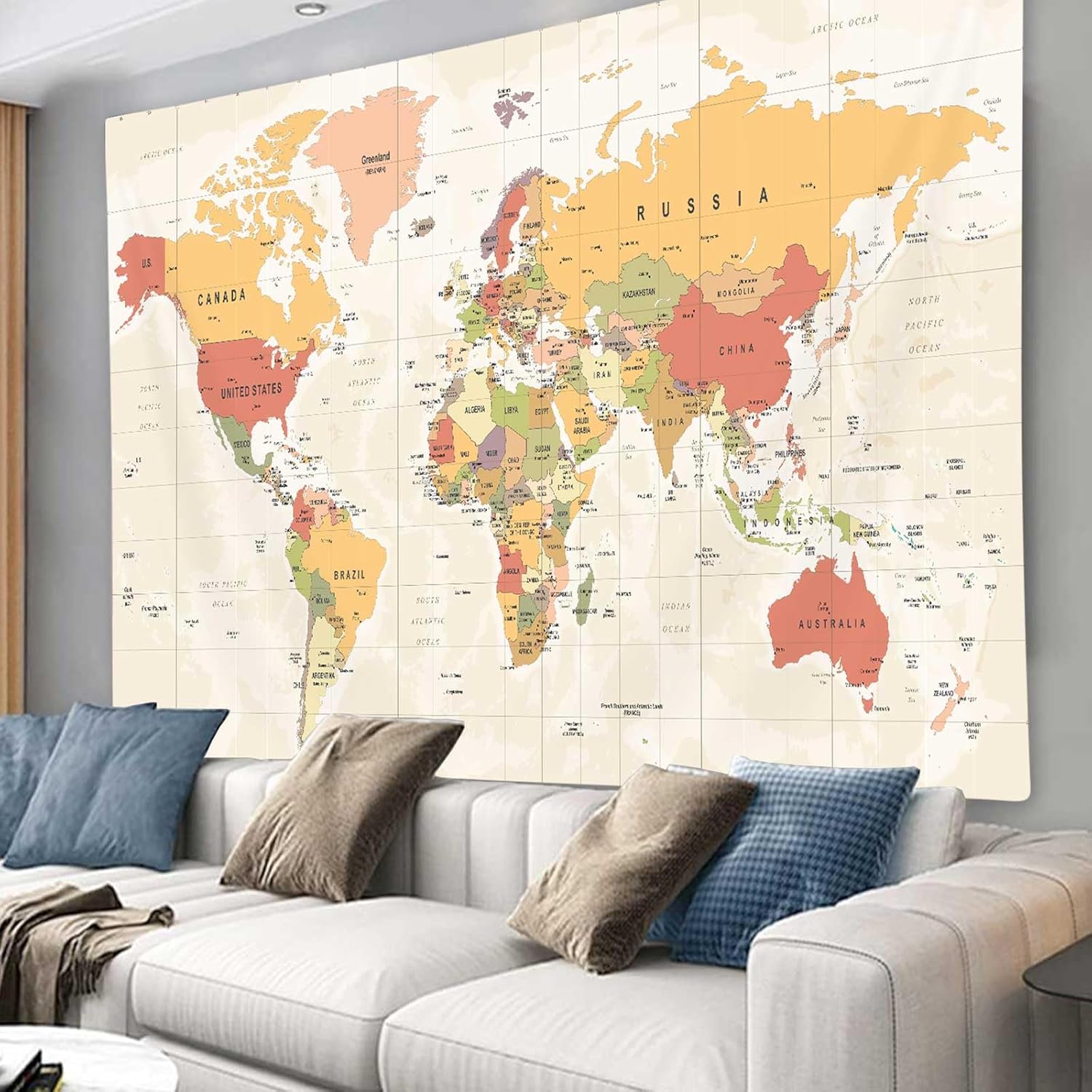 ICTEISOM World Map Tapestry for Kids Student, Map of The World with Countries and Major City Tapestry Wall Art Poster Tapestries for Bedroom Living Room Dorm Home Decoration 90 x 70 Inch