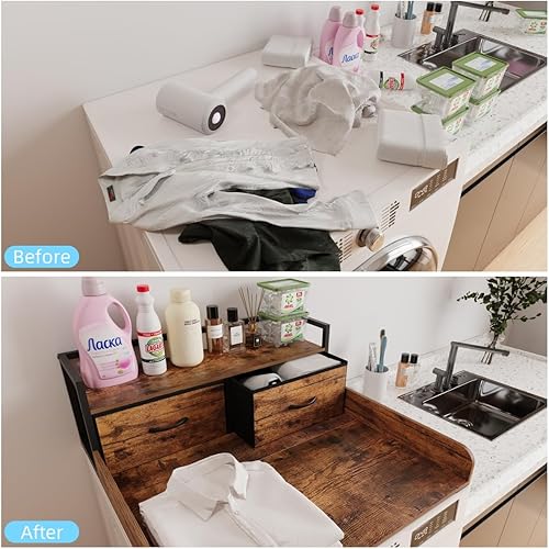 Miniatura 8 de Lavadora secadora de 2 niveles individual con estante y cajón de fábrica, decoración de lavandería con borde y almohadilla antideslizante para