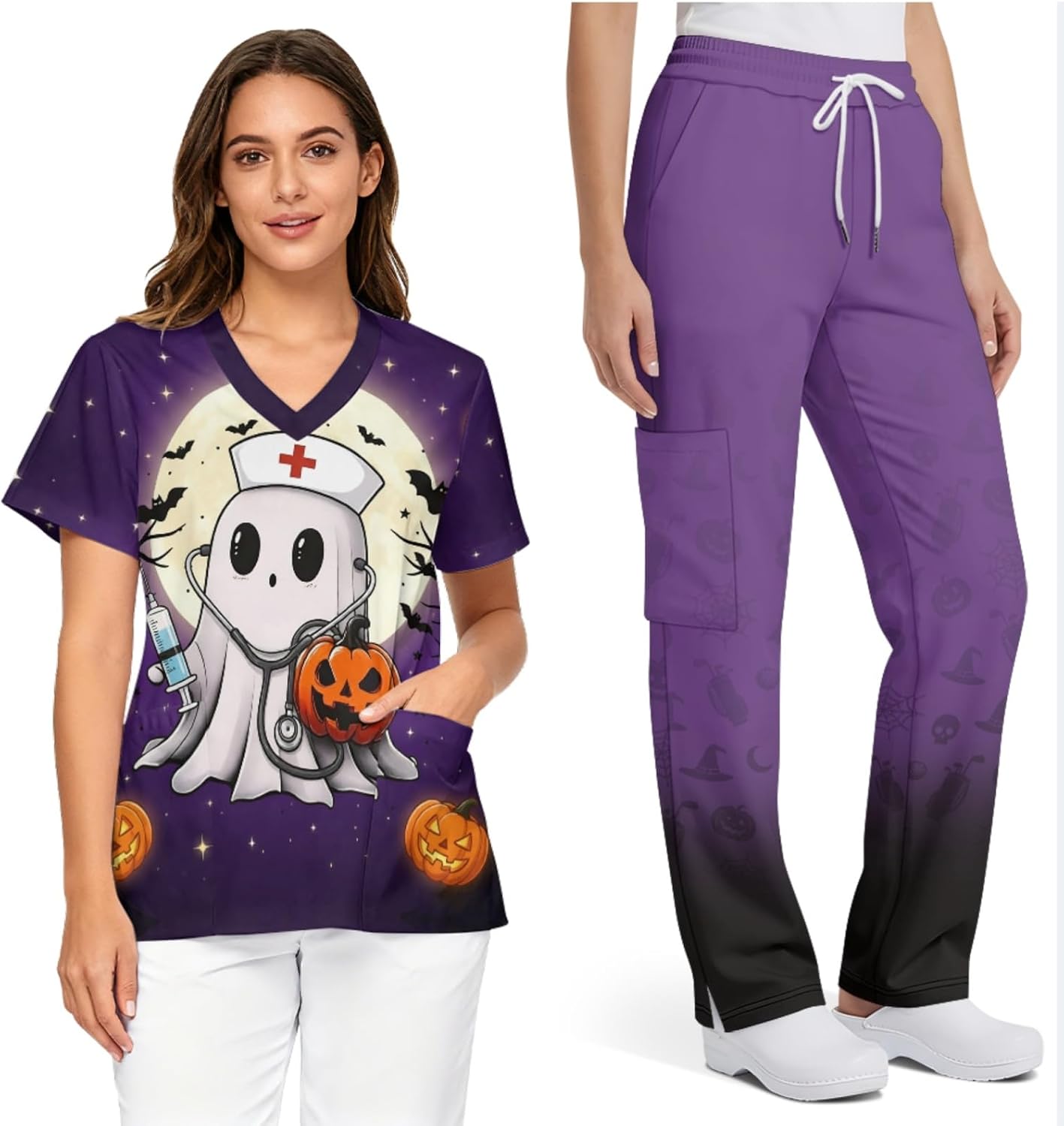 Women's Printed Scrub Set, Soft Top with Multi Cargo Pockets Pant