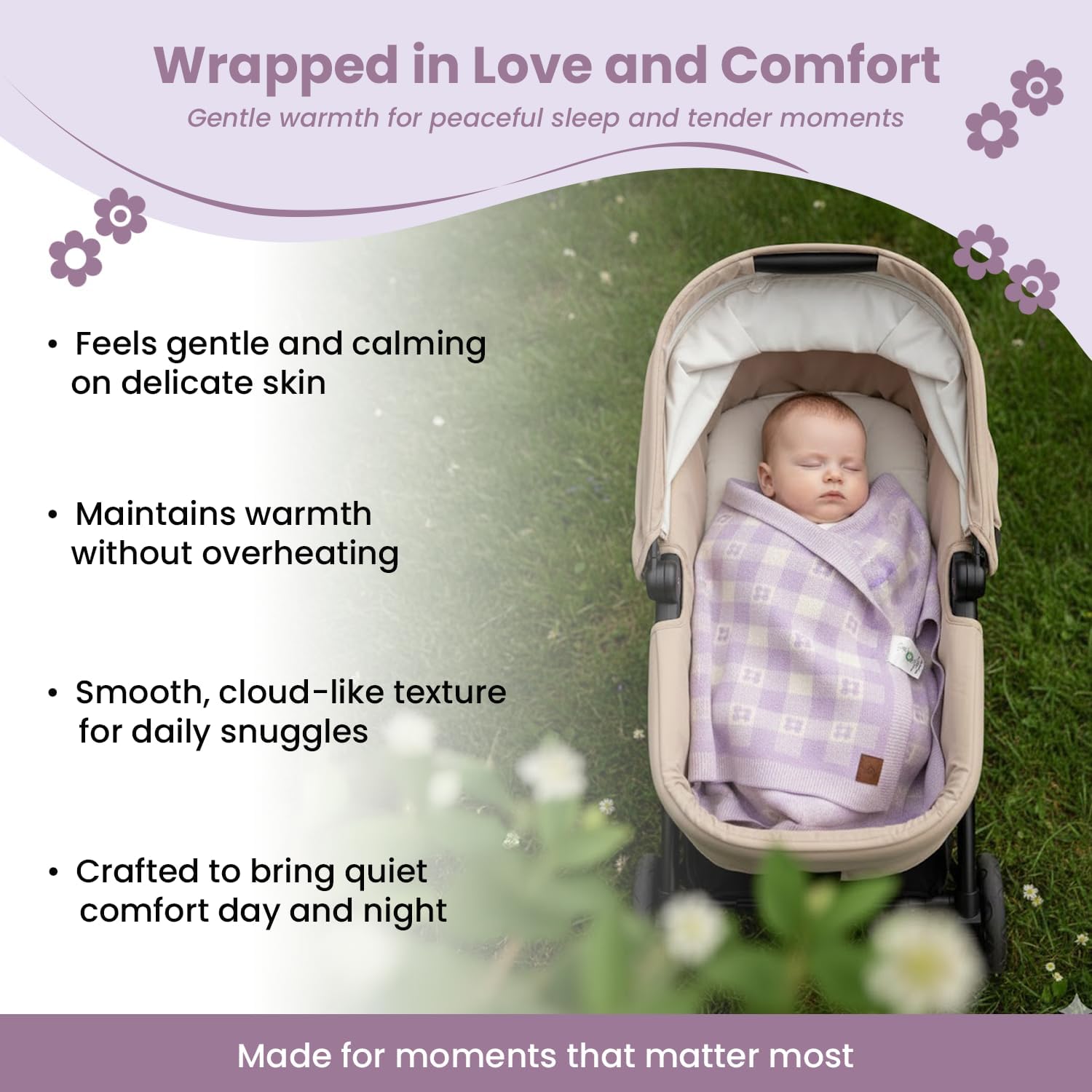 Gender-Neutral Checkered Baby Blanket 30x40 Inches, Lavender Dinosaur – 100% Organic GOTS Certified Cotton, Soft and Lightweight, Perfect for Swaddling
