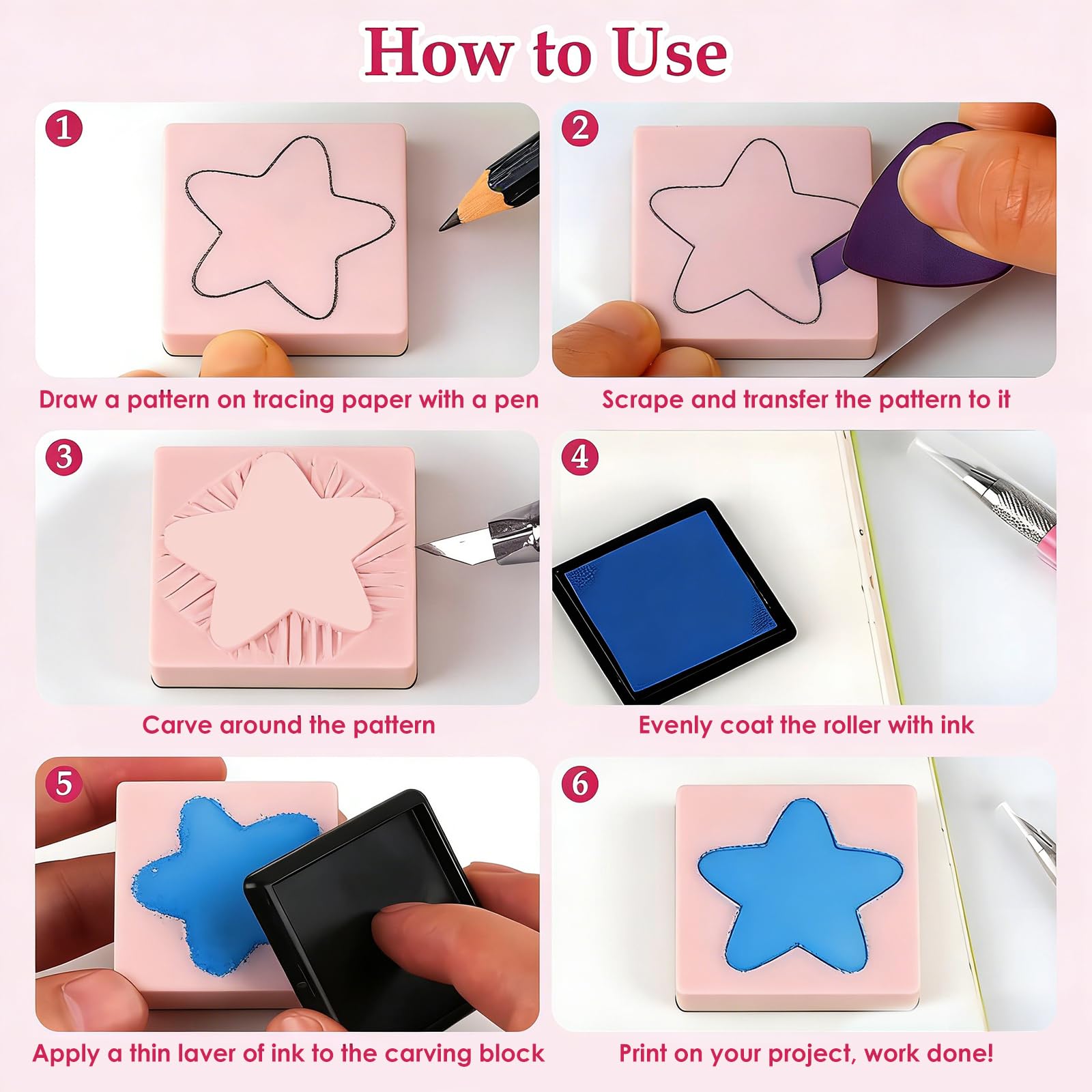 30 Stück Gummi Schnitzblöcke, 5 x 5 x 1cm Gummistempel Blöcke, Quadrat Mehrzweck Rosa Stempelblöcke Schnitzen Gummiplatte Gummiblock für DIY, Basteln, Handwerk Stempel, Gravur, Bastelbedarf Postkarten