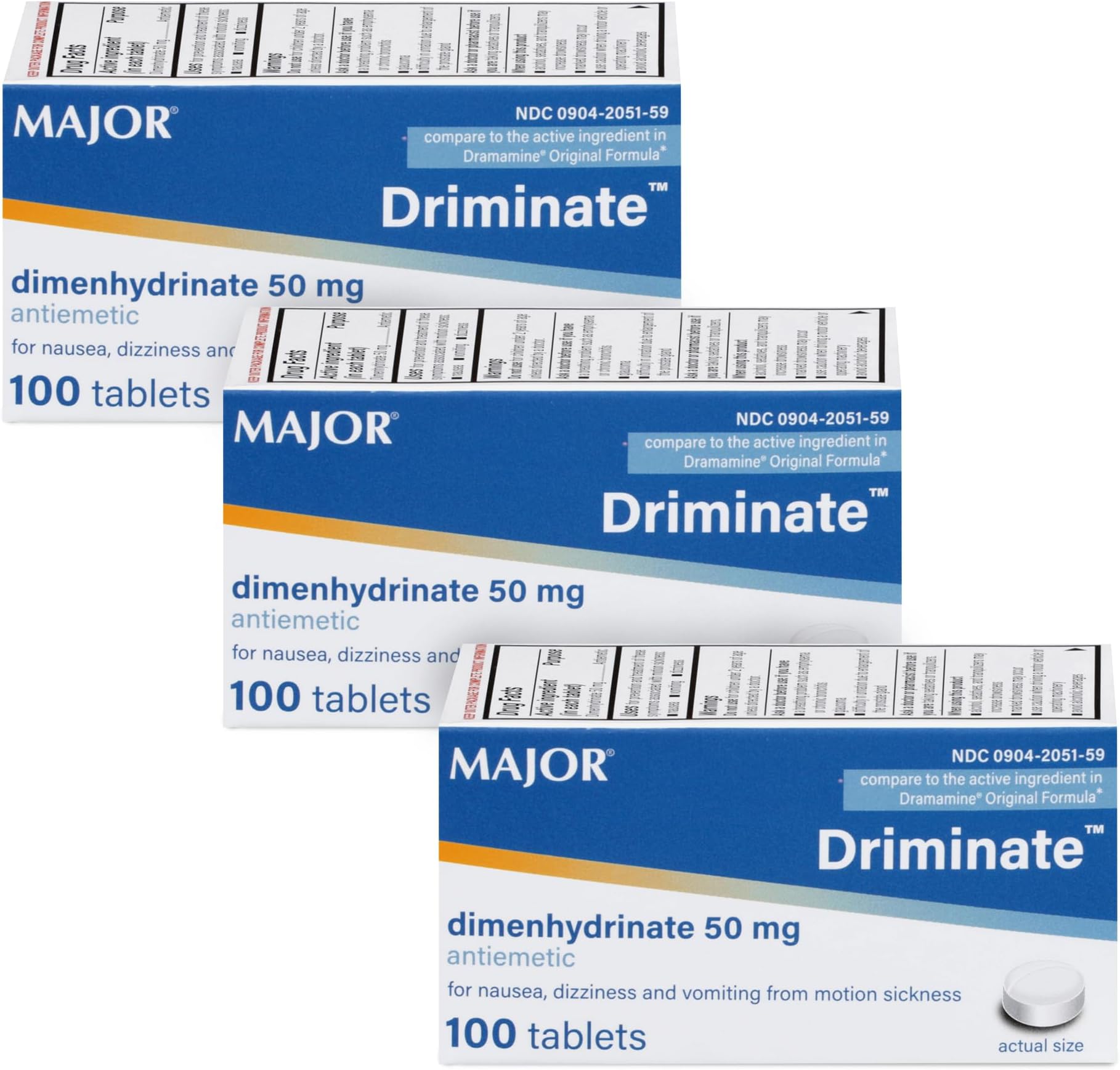 MAJOR Driminate - Dimenhydrinate 50mg Motion Sickness Tablets - Anti-Nausea Medicine - 100 Count (3 Pack)