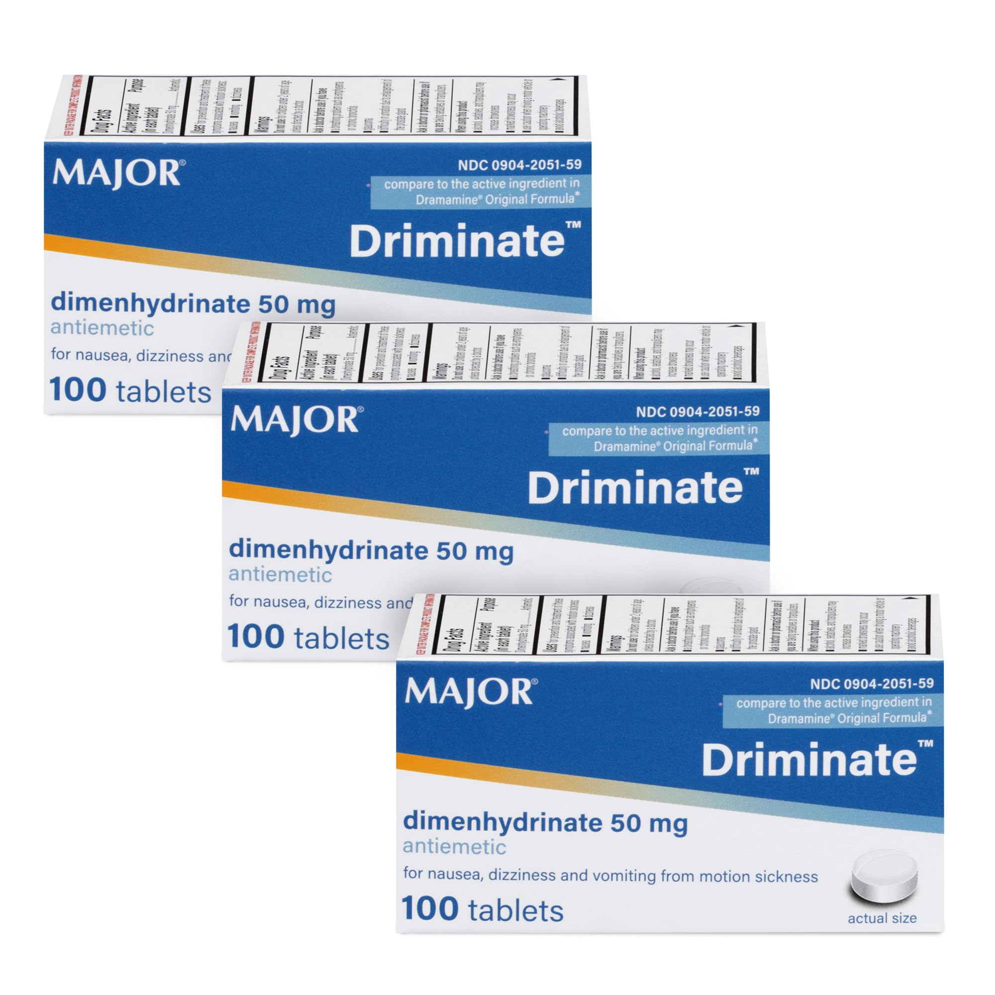 MAJOR Driminate - Dimenhydrinate 50mg Motion Sickness Tablets - Anti-Nausea Medicine - 100 Count (3 Pack)