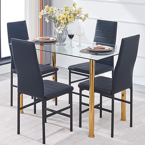 Juego de mesa de comedor para 4, mesa de cocina de 5 piezas y sillas con mesa de vidrio templado transparente y 4 sillas de marco de metal de piel