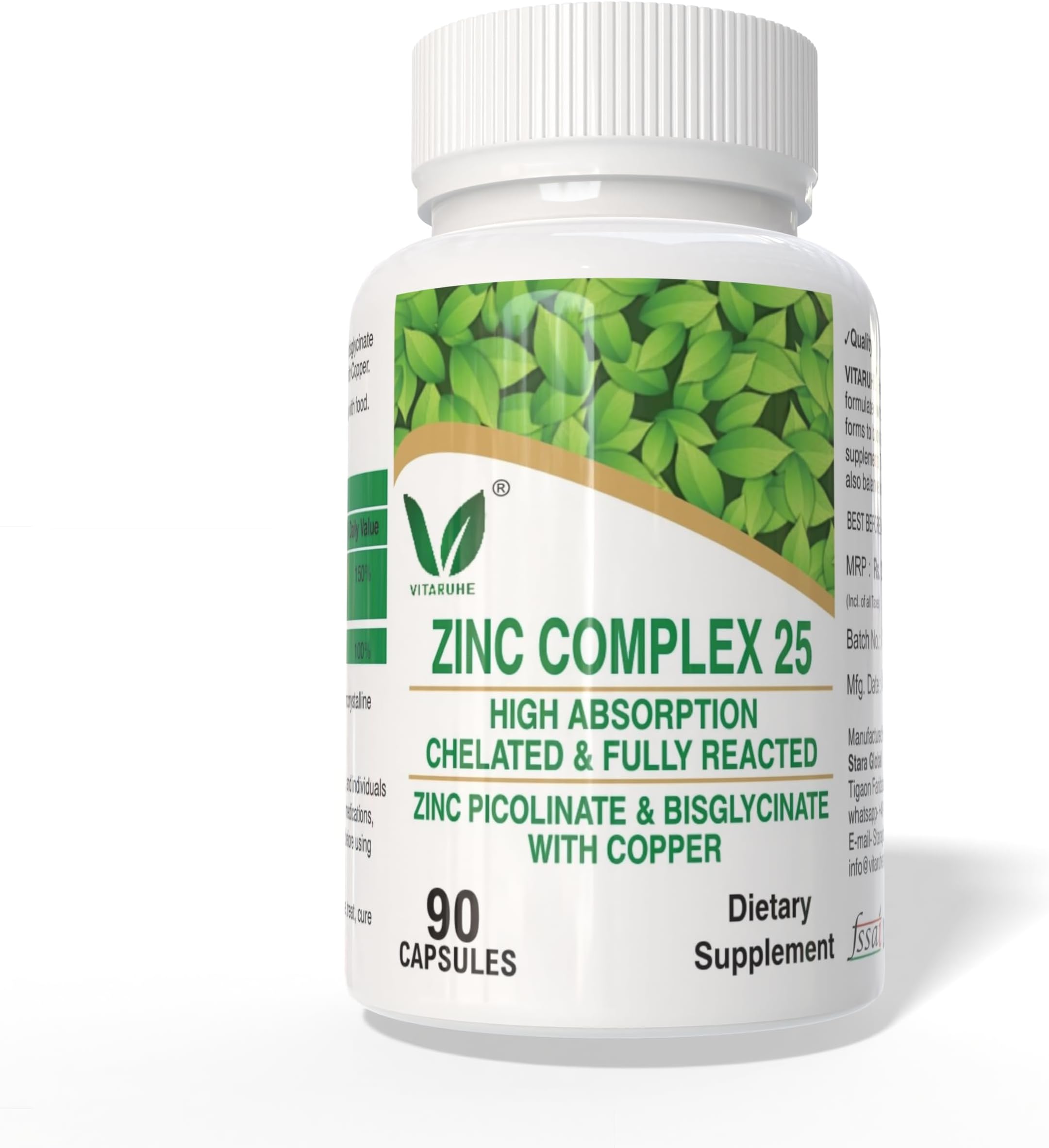 VITARUHE® Chelated Zinc Picolinate & Bisglycinate Complex with Copper, Zinc for Immune, Skin and Cellular Health, High Absorption, Non-GMO, 90 Capsules