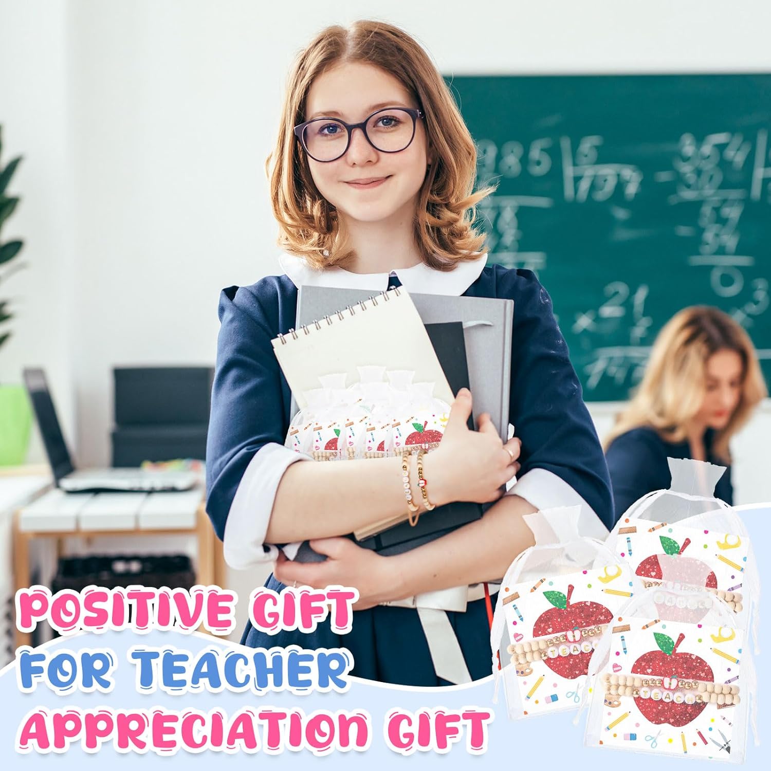 Cunno 12 Sets Christmas Teacher Appreciation Gifts Thank You Teacher Gifts Apple Shaped Bracelets Wooden Beaded Bracelets Set with Card for Women Men Jewelry - Image 7