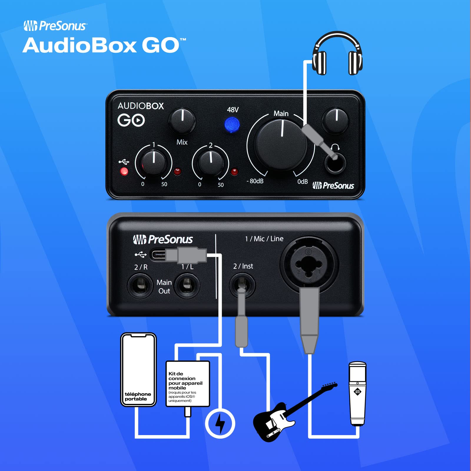 PreSonus AudioBox GO, Interface Audio USB-C, Pour Production Musicale avec Logiciel d'Enregistrement Studio One, Tutoriels Musicaux, Échantillons Sonores et Instruments Virtuels