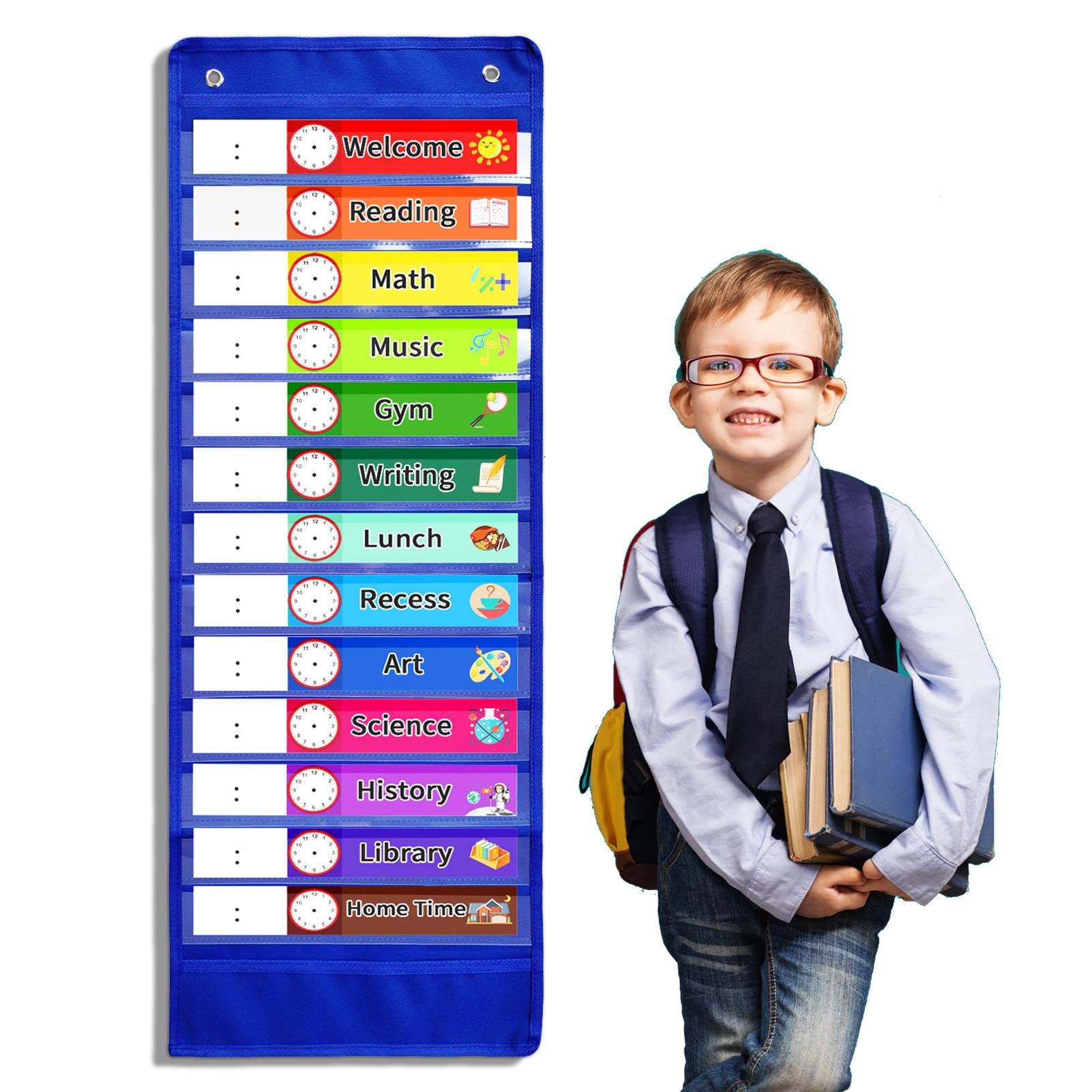 Daily Schedule Pocket Chart Kit, School Class Schedule Calendar Pocket Chart, Educational Charts for Home Preschool Activity, Hanging Wall File Organizer for File Folders, Assignments