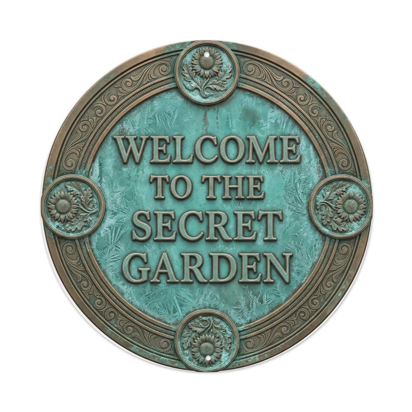 Vintage Welcome Secret Garden Leafy Engraved Metal Tin Sign