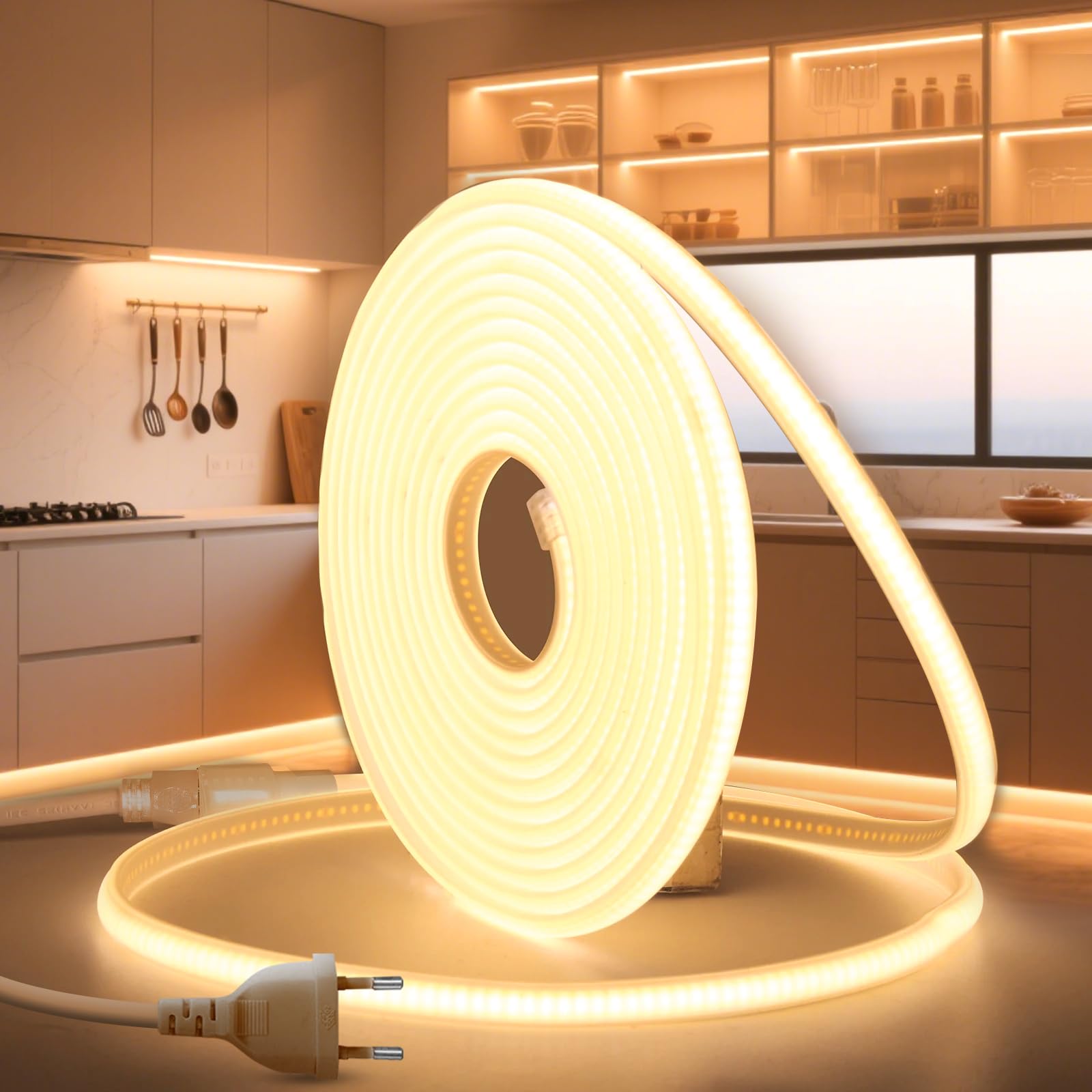 Tira LED Neon COB 15M 220V Blanco Cálido 3000K 320LED/m Impermeable IP65 Luces Flexible Cortable LED Luces con Cable de Alimentación para Exterior Interior Casa Cocina Jardín Decoración