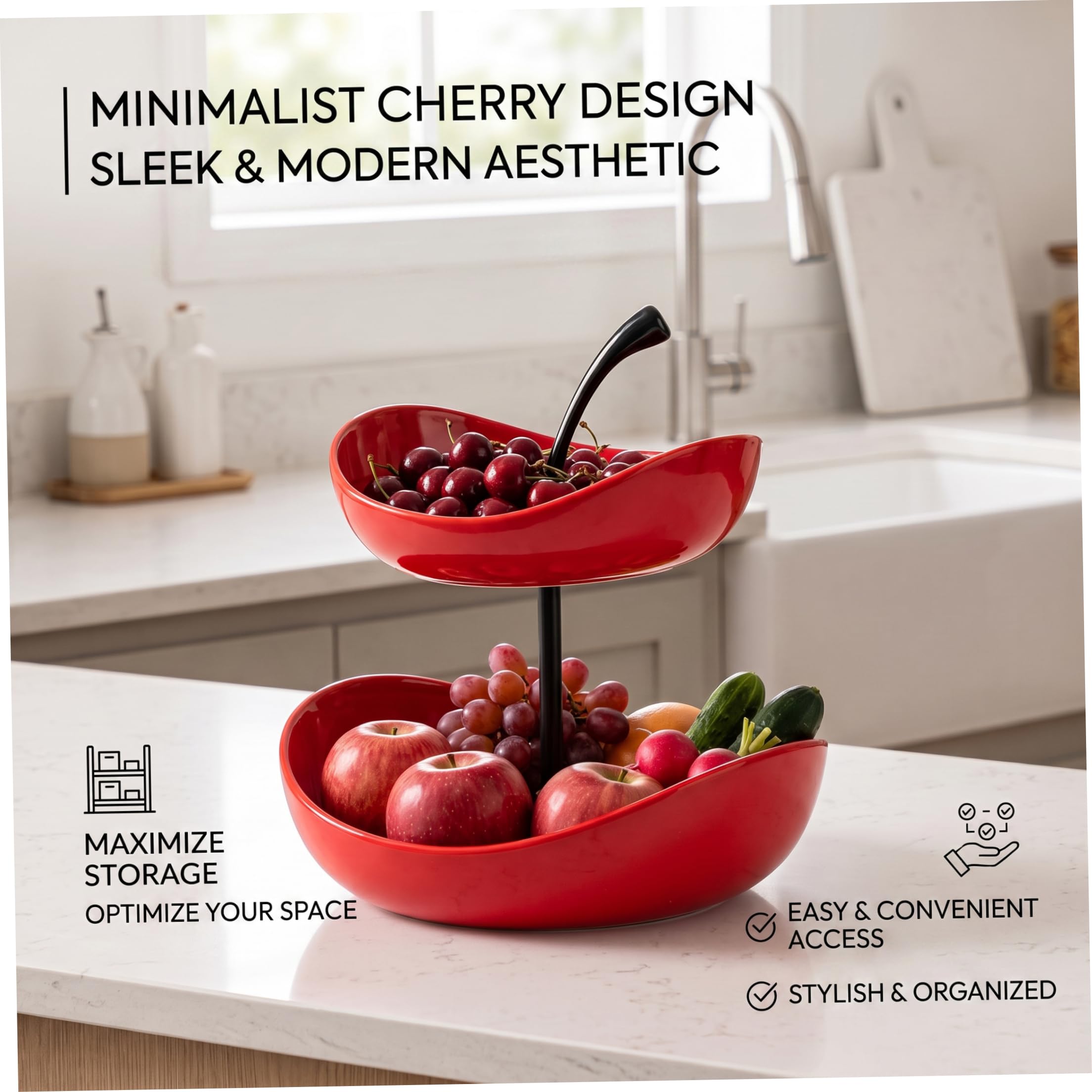 Alzata per frutta Cestino per frutta in ceramica a 2 livelli con manico in ceramica, rosso