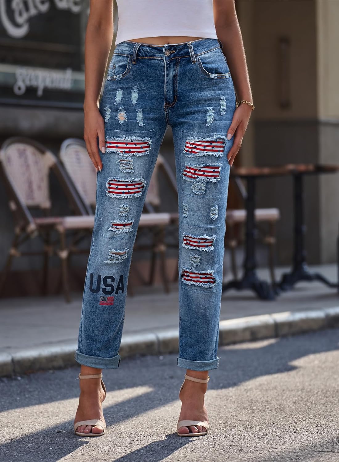 EVALESS Ripped Jeans for Women Plaid Patch Boyfriend Skinny Distressed Denim Jean Pants