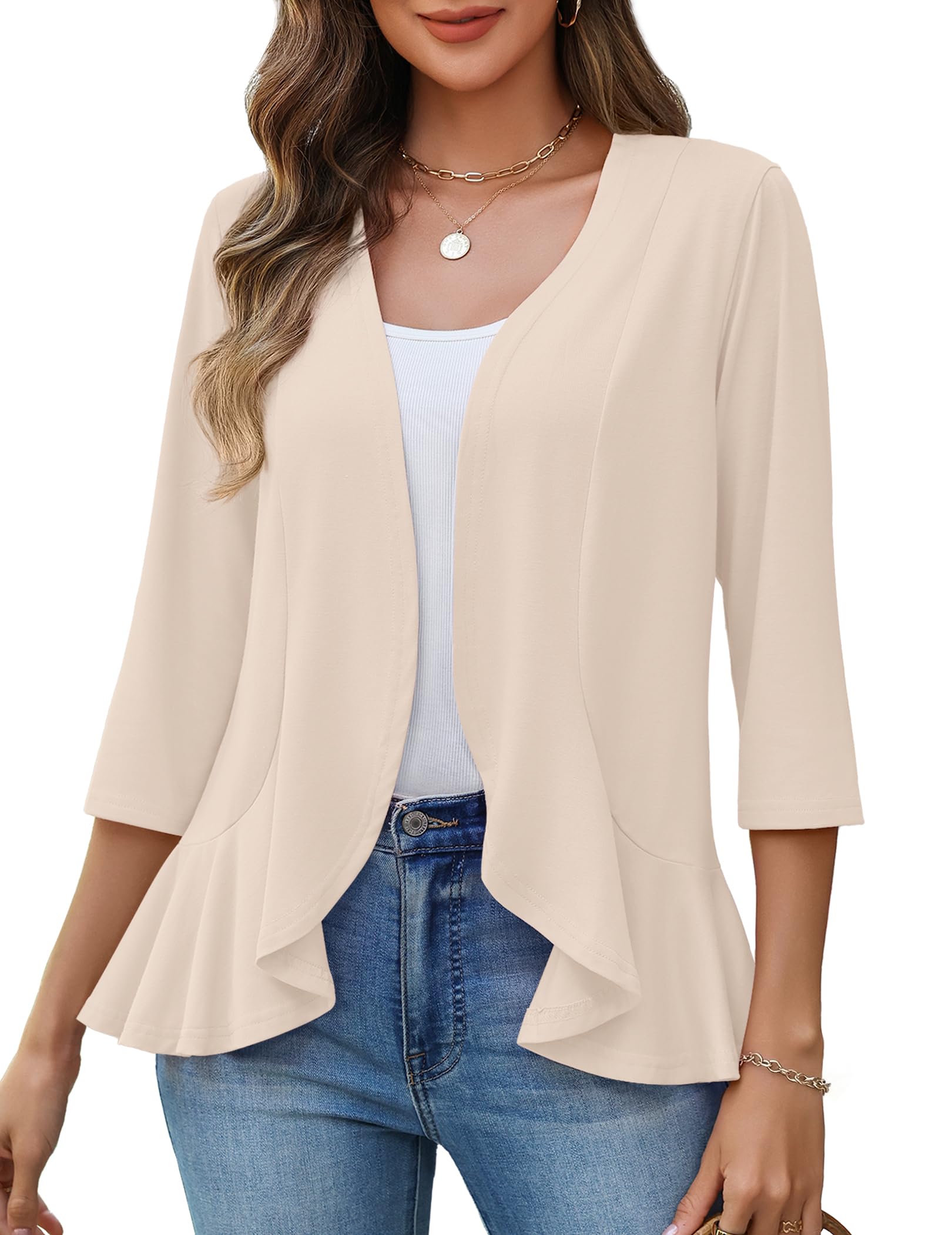 Zeagoo Womens 2026 Summer 3 4 Sleeve Lightweight Cardigans Open Front Draped Ruffles Kimono Coverups