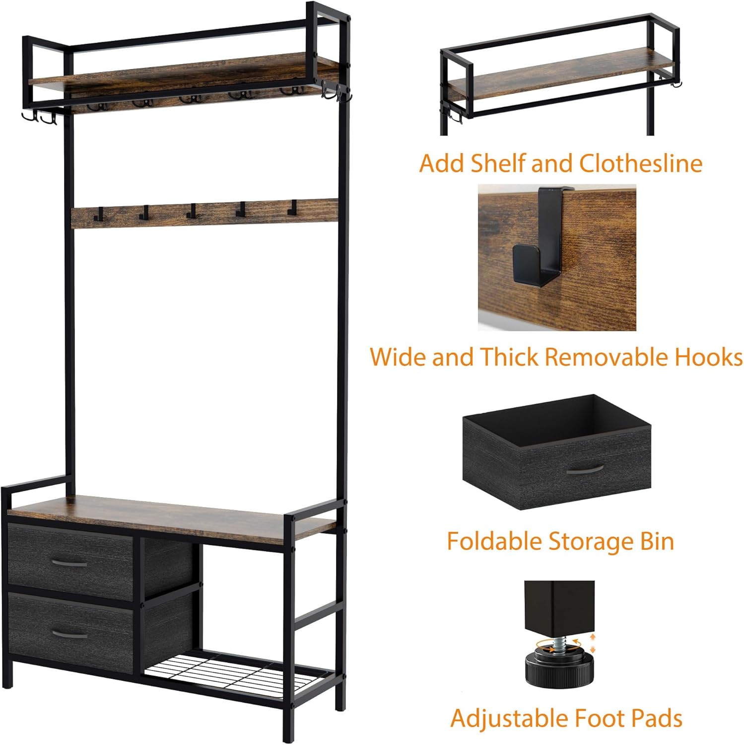 WasaFire 33.1" Wide Hall Tree with 2 Movable Drawers Shoe Storage Shelves and Garment Racks 5-in-1 Entryway Bench with 23 Hooks (Fixed and Movable) (Rustic Brown)