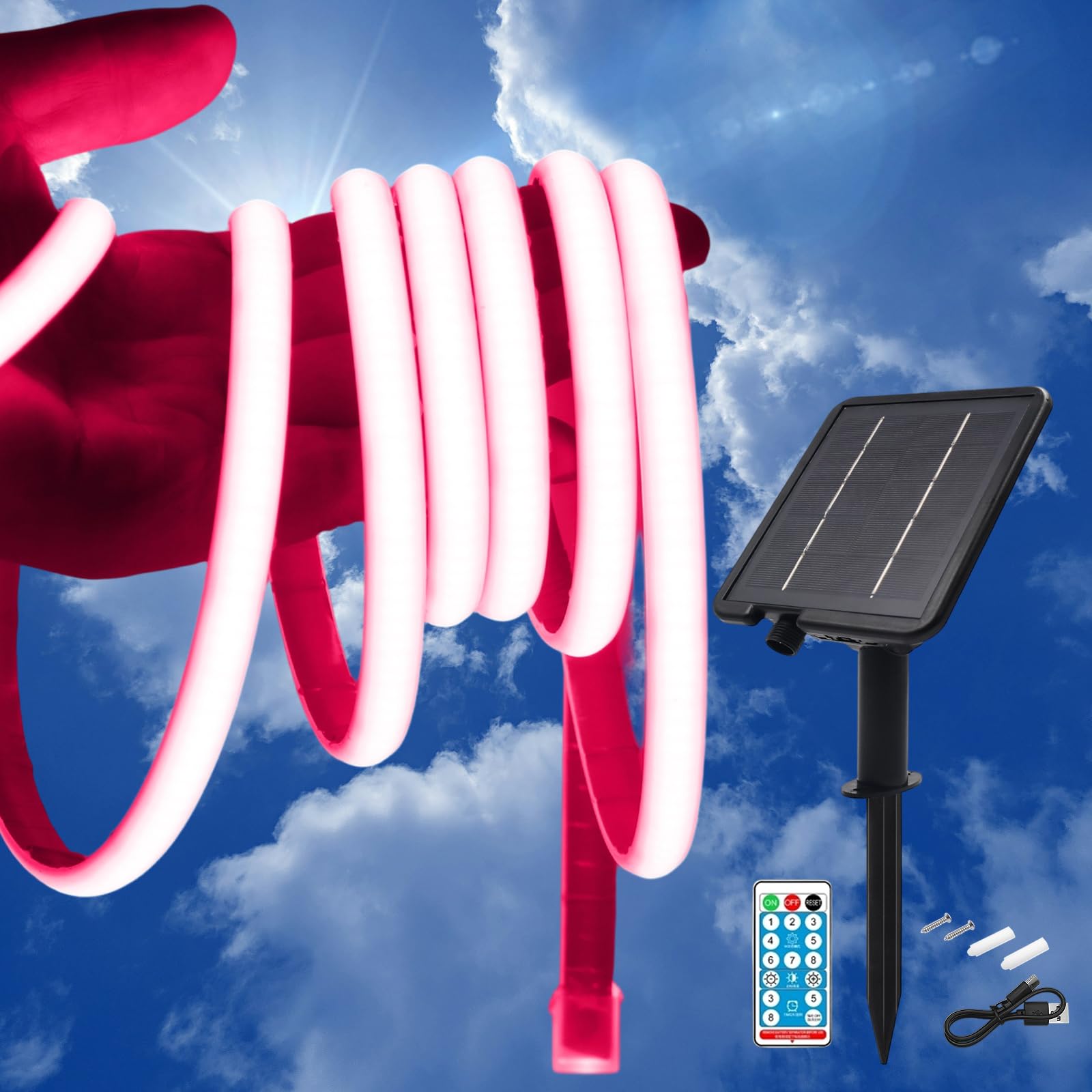 KISUFU 24V Solar LED Strip Lights Outdoor, 320 LEDs/M IP68 Waterproof Cuttable Self-Adhesive Rope Light with 2400mah 8 Modes Battery Box Remote Control for Porch Gazebo Yard Trees Garden Decor.