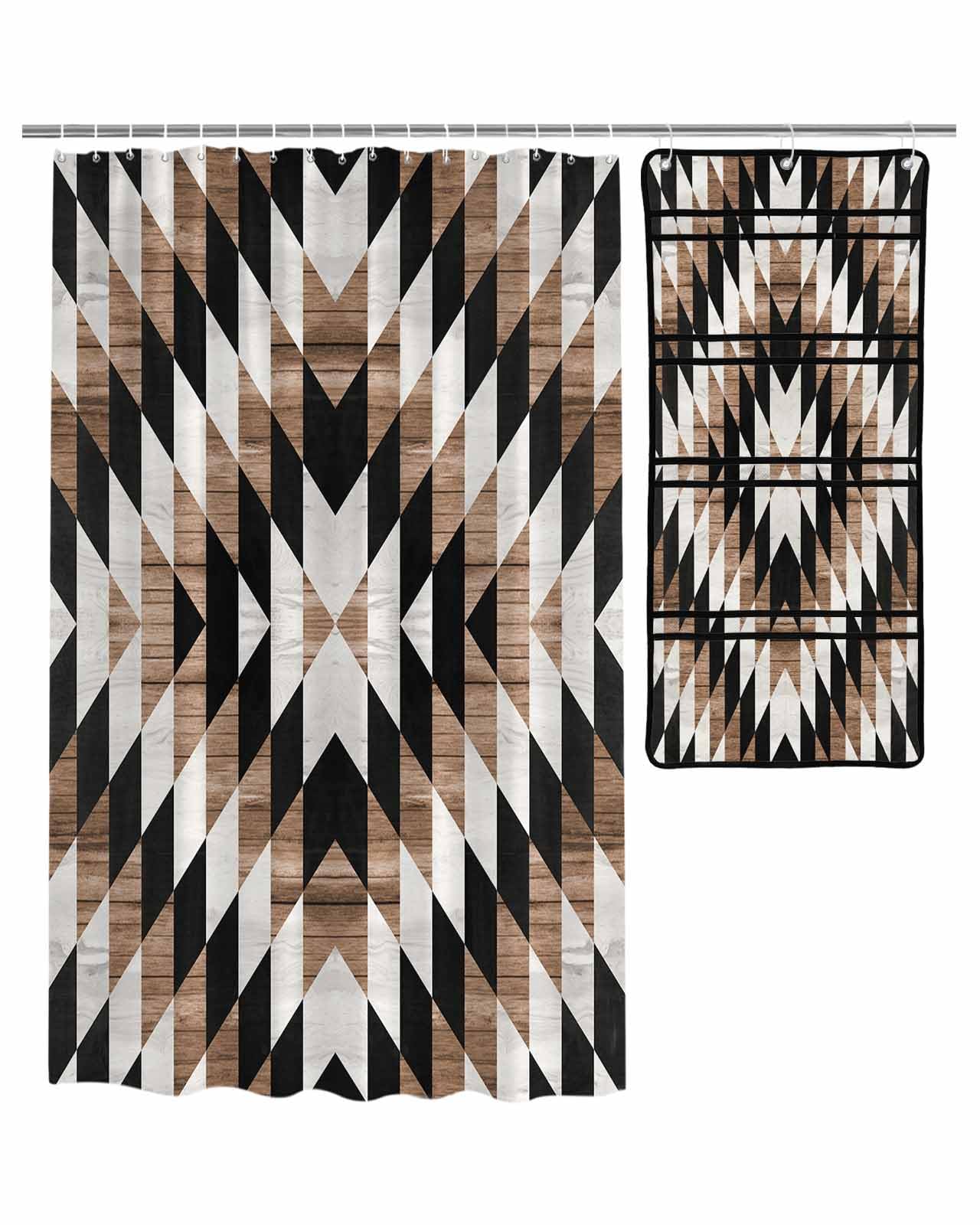 TocaHome Decorative Shower Curtain Sets Boho Polyester Fabric Waterproof Bath Shower Curtains Farmhouse Morocco Black Brown Mesh Shower
