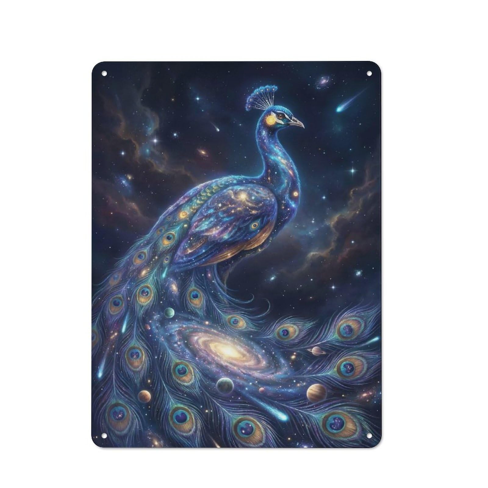 Junmoney Style-22 Rustic Metal Wall Sign 40X30cm Featuring Cosmic Peacock In Starry Night Sky For Garage Wall, Tin Sign Wall Decor For Garages And Workshops
