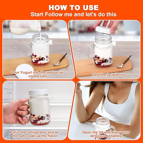Miniatura 6 de Recipientes de avena con tapas y cucharas, recipientes de vidrio de 16 onzas, tarros portátiles de gran capacidad para avena durante la noche para