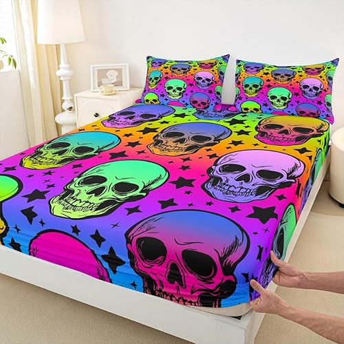 Miniatura 5 de Erosebridal Sábana bajera ajustable de calavera colorida tamaño Queen, diseño de galaxia, diseño de estrellas psicodélicas, juego de cama con diseño