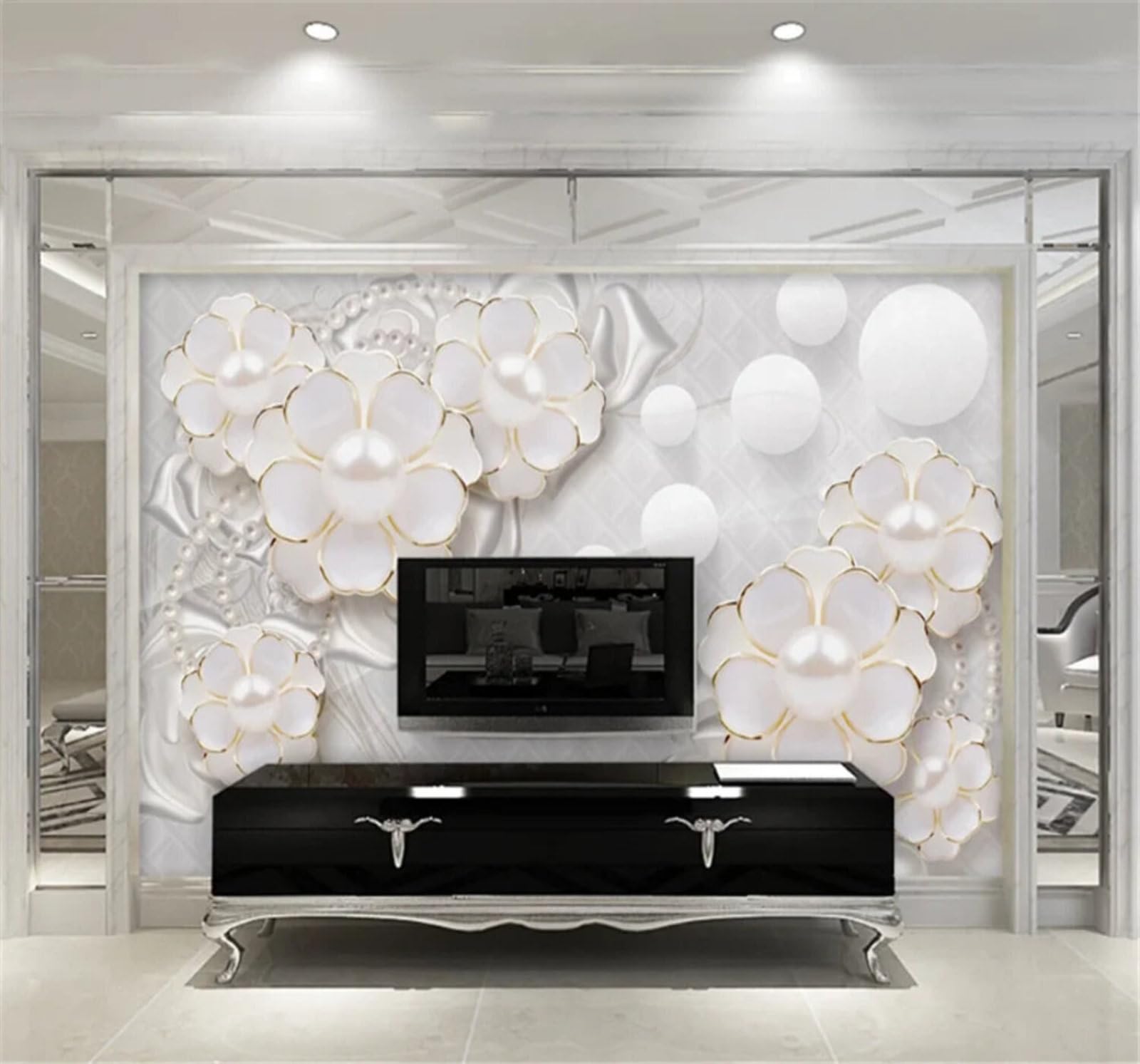 Tzxztt Elegant White Luxurious Jewellery Flowers Modern 3D Wallpaper Premium Textured Silk Neutral Tones Material Ideal for Living Room Bedroom-250cm×170cm