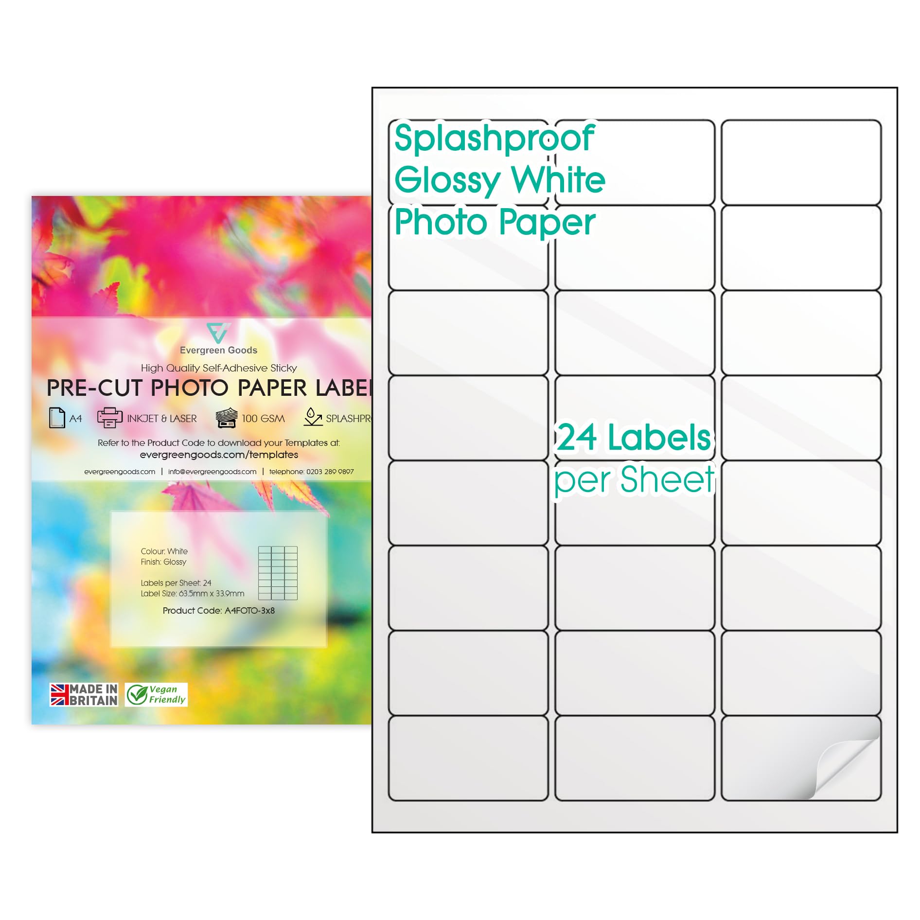 Etichette adesive pretagliate, foglio A4 (3 x 8 (24 per foglio), 500 fogli), carta bianca lucida per foto, etichette A4 resistenti agli spruzzi, 9 varianti di dimensioni delle etichette, stampabili a