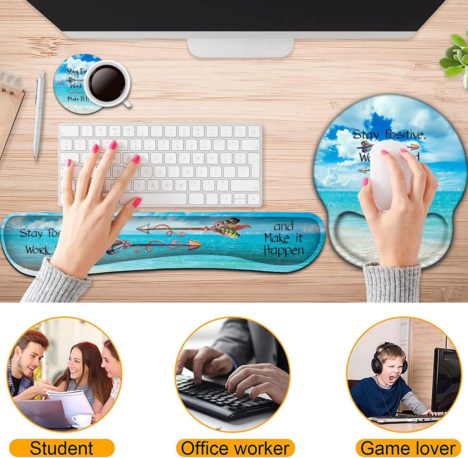 Keyboard Wrist Rest and Mouse Pad with Wrist Support, Ergonomic Gel Mouse Pad Coaster, Easy Typing Pain Relief, Memory Foam Keyboard Mousepad Set,Stay Positive Work Hard Make It Happen