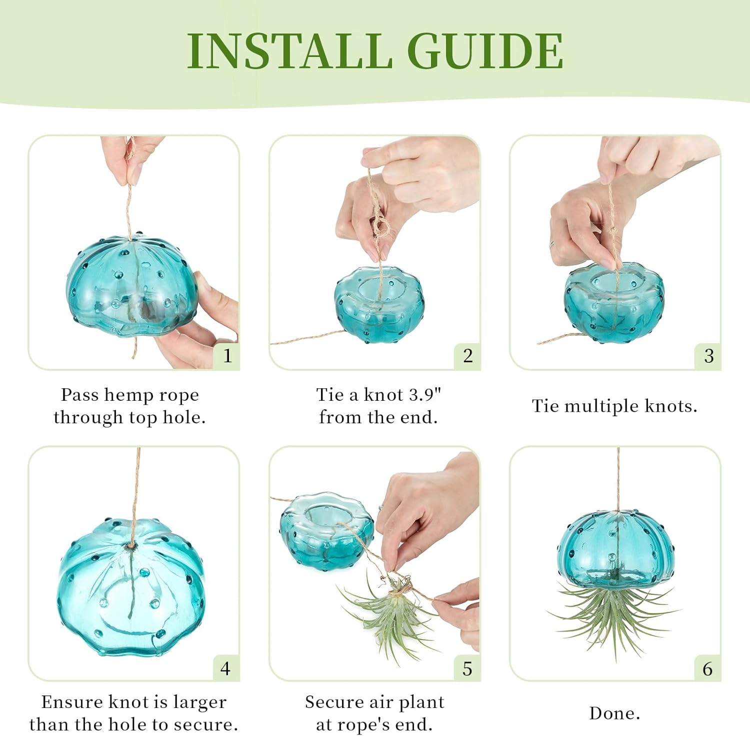 Glasseam Hanging Air Plant Holder: 3Pcs Glass Jellyfish Air Plant Hanger with Jute Ropes for Tillandsia Succulent Houseplants - Cute Airplant Display Container for Indoor Home Decor